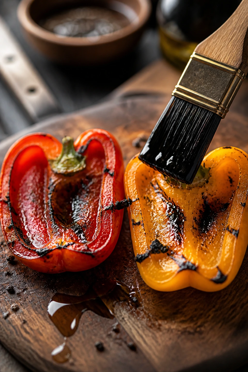 Peppers with balsamic glaze and herbs on a wooden surface