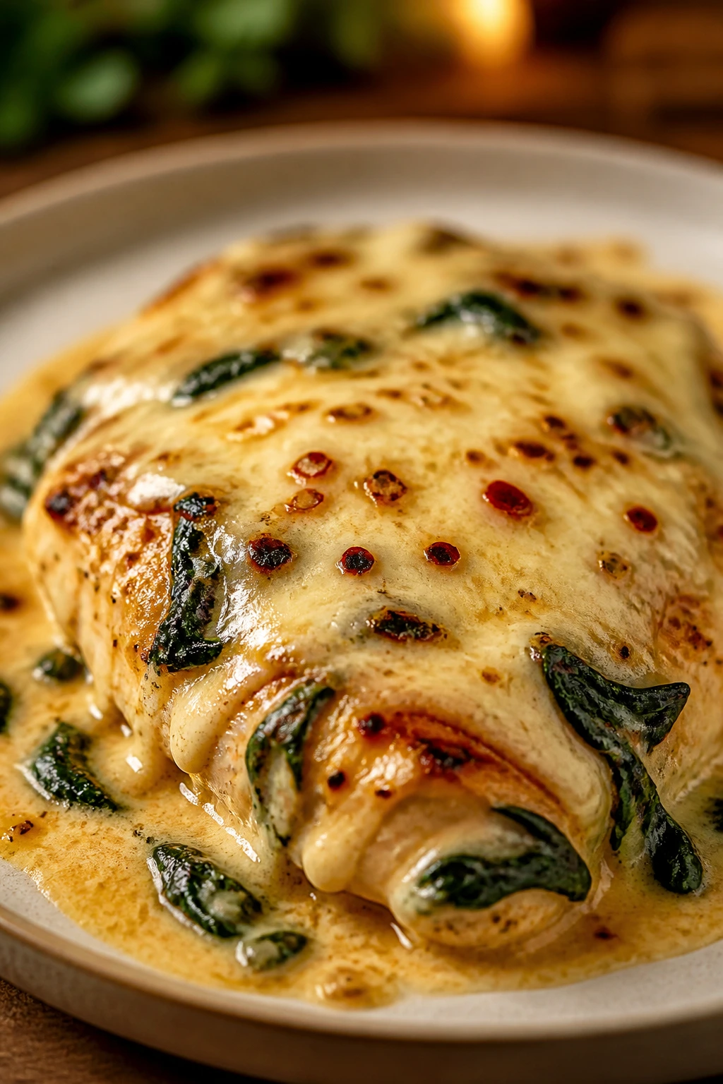 Close-up of tender cheesy chicken with pepper jack cheese variation