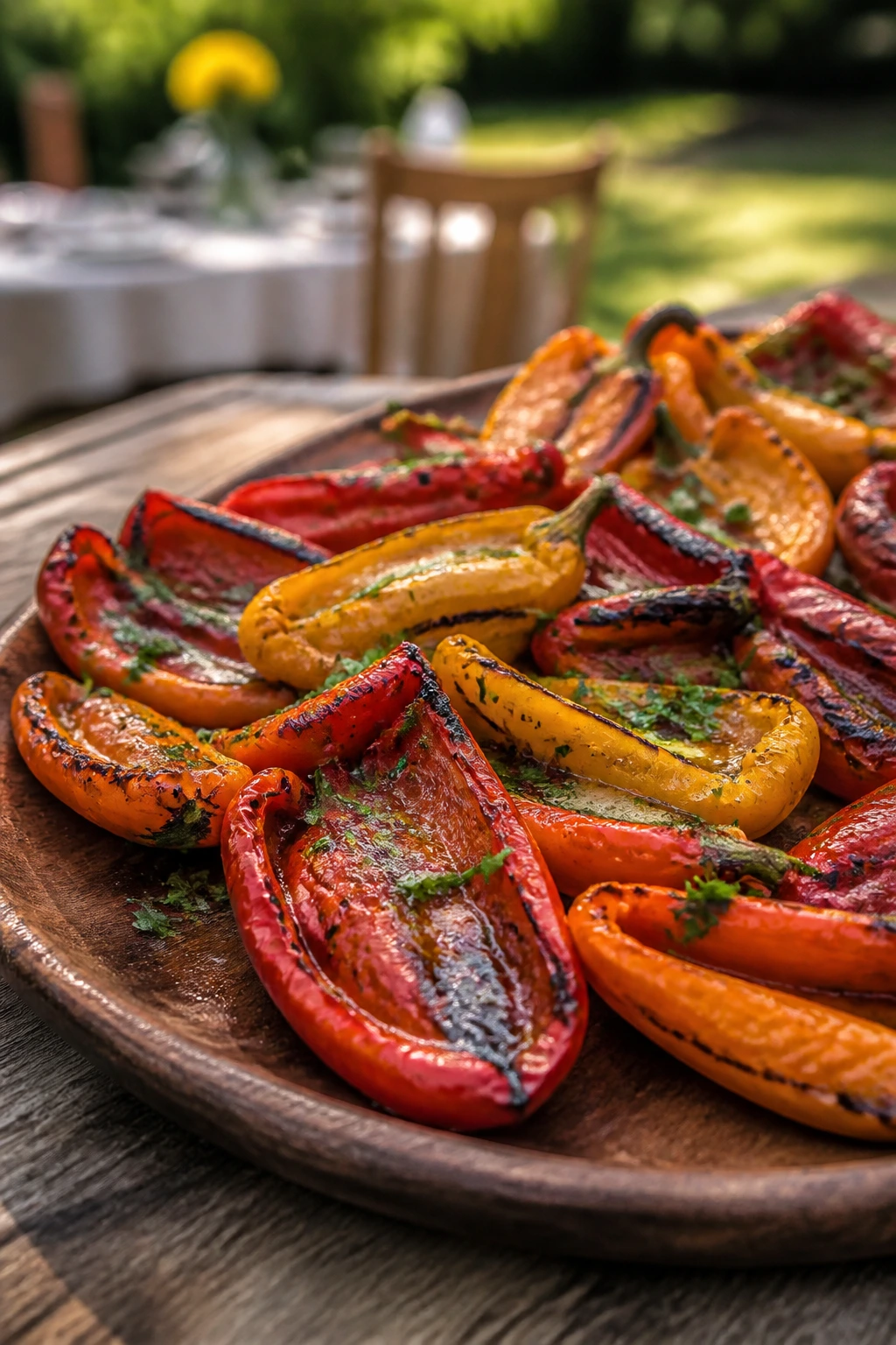 Pepper platter with oil and parsley on a wooden board in backyard