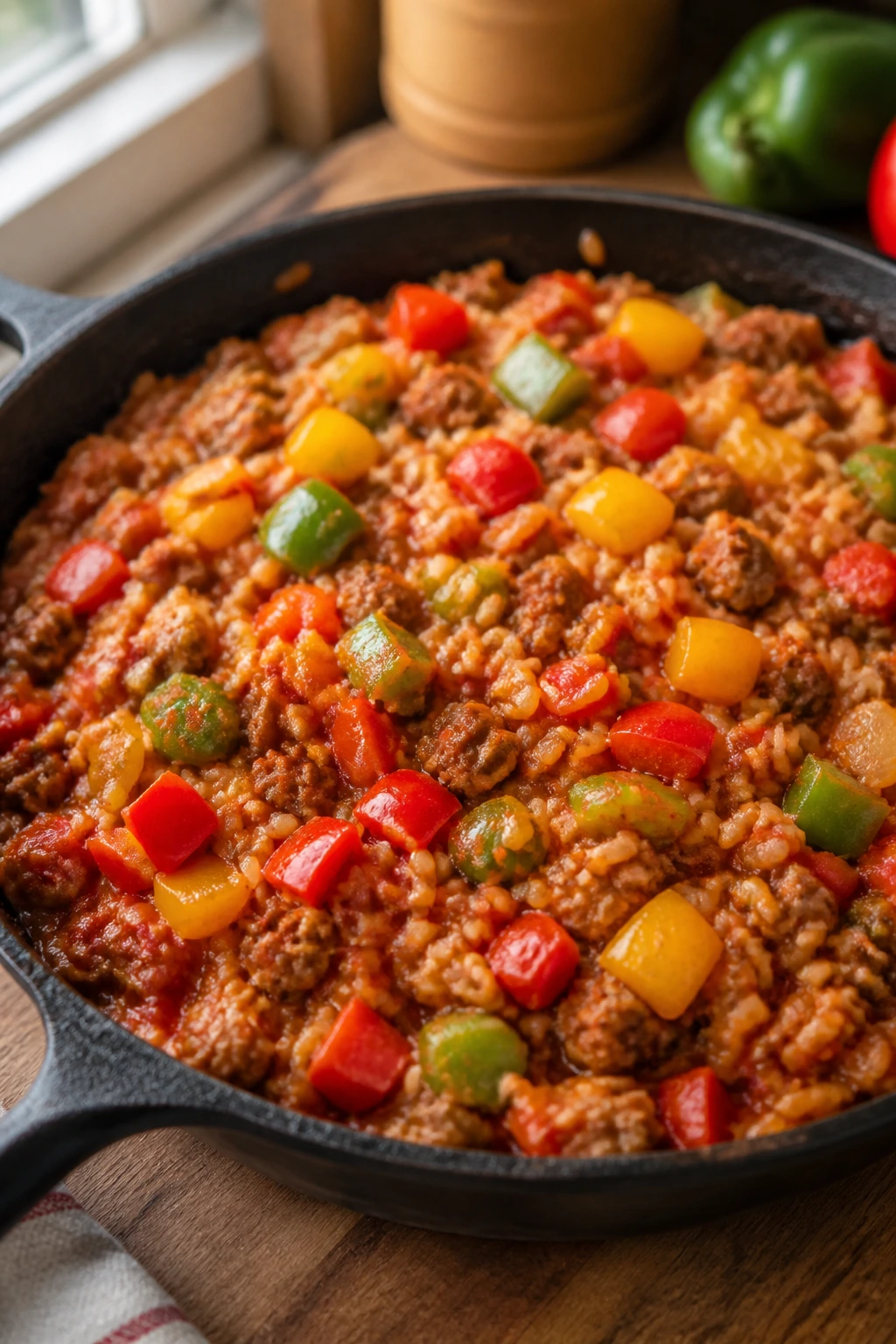 Close-up stuffed pepper skillet with meat, rice, and peppers