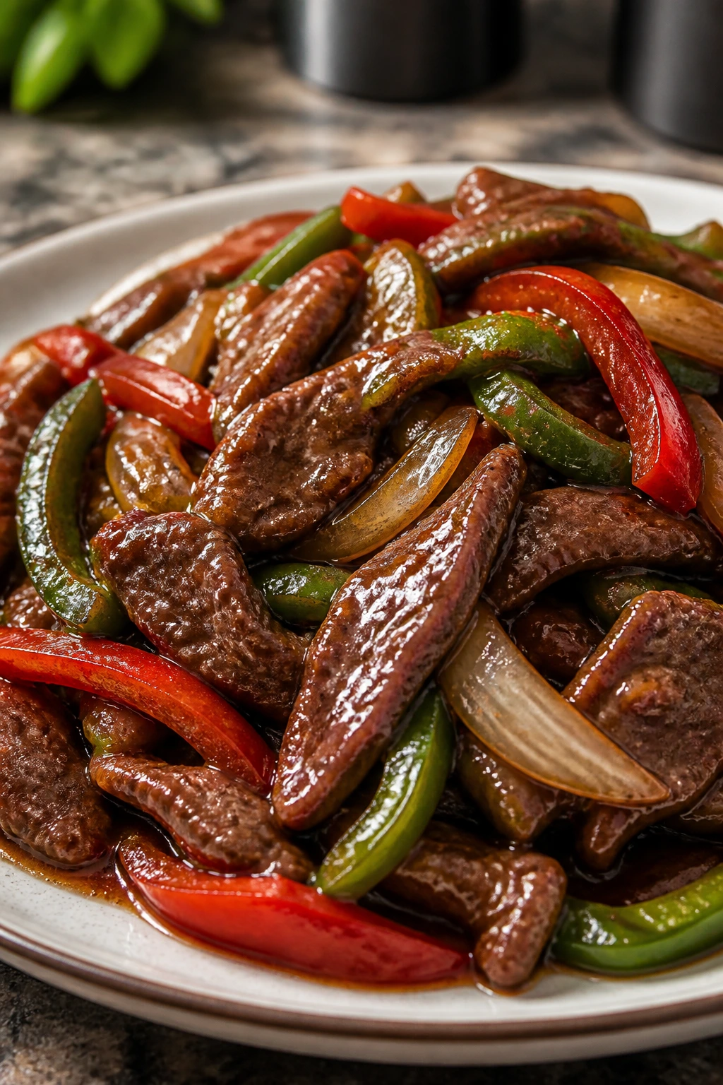 Close-up Pepper Steak with beef, peppers, and onion in glossy sauce.