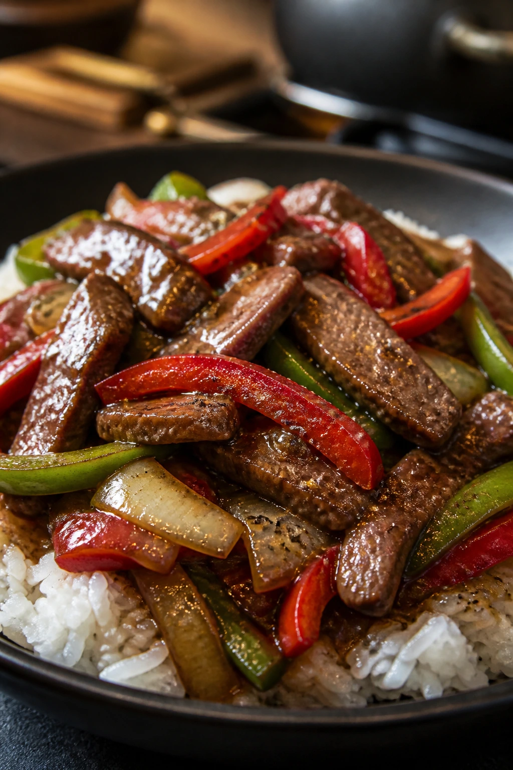 Pepper Steak with beef, peppers, and onions in savory sauce
