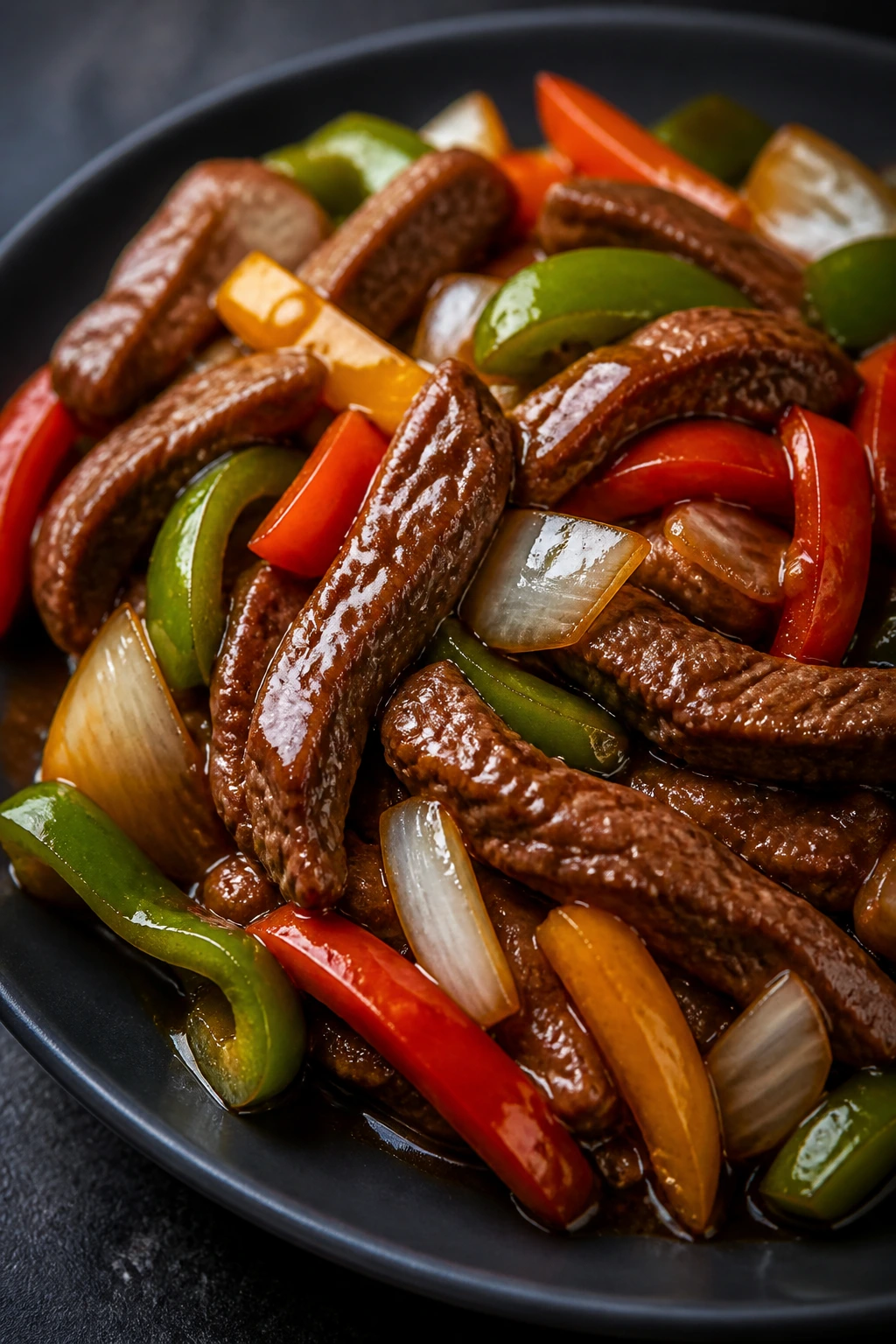 Tender flank steak with peppers and onions in glossy sauce