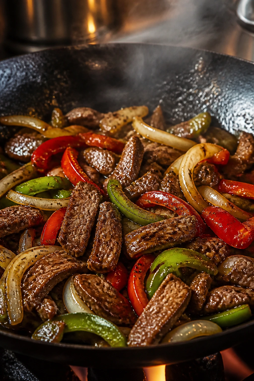 Close-up of pepper steak and onion in glossy black pepper sauce in a hot wok