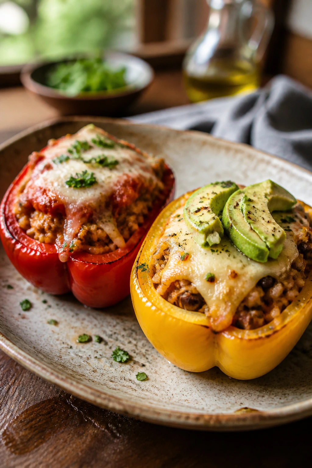 Plate with two stuffed pepper halves showing different toppings