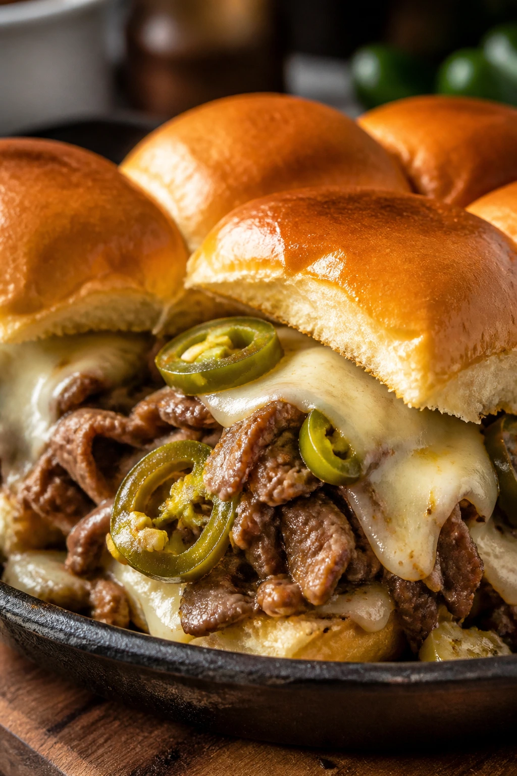 Close-up of Pepper Jack Jalapeño Sliders with melted cheese and jalapeños
