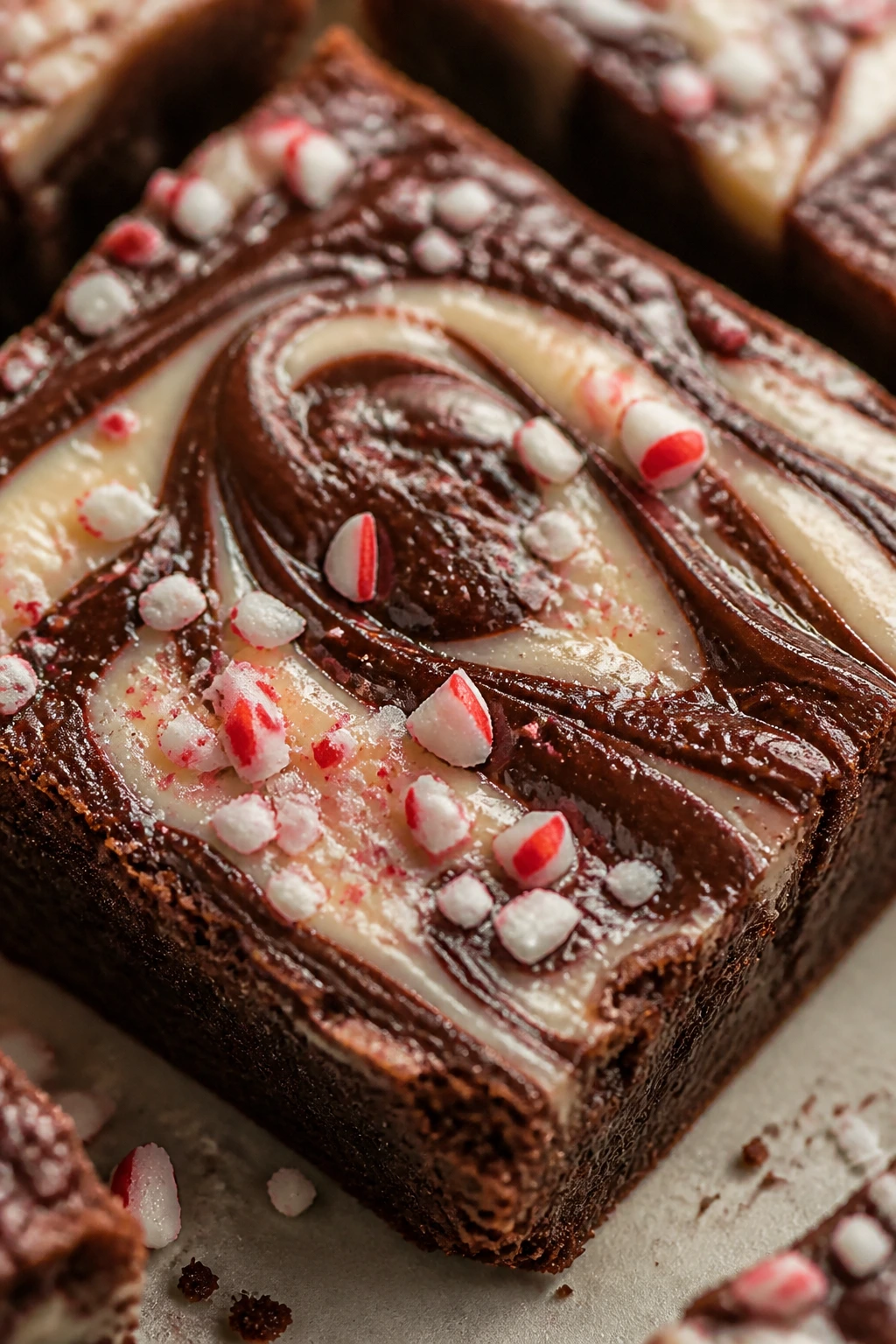 Close-up of Peppermint Bark Swirl Brownie with white chocolate and peppermint bits