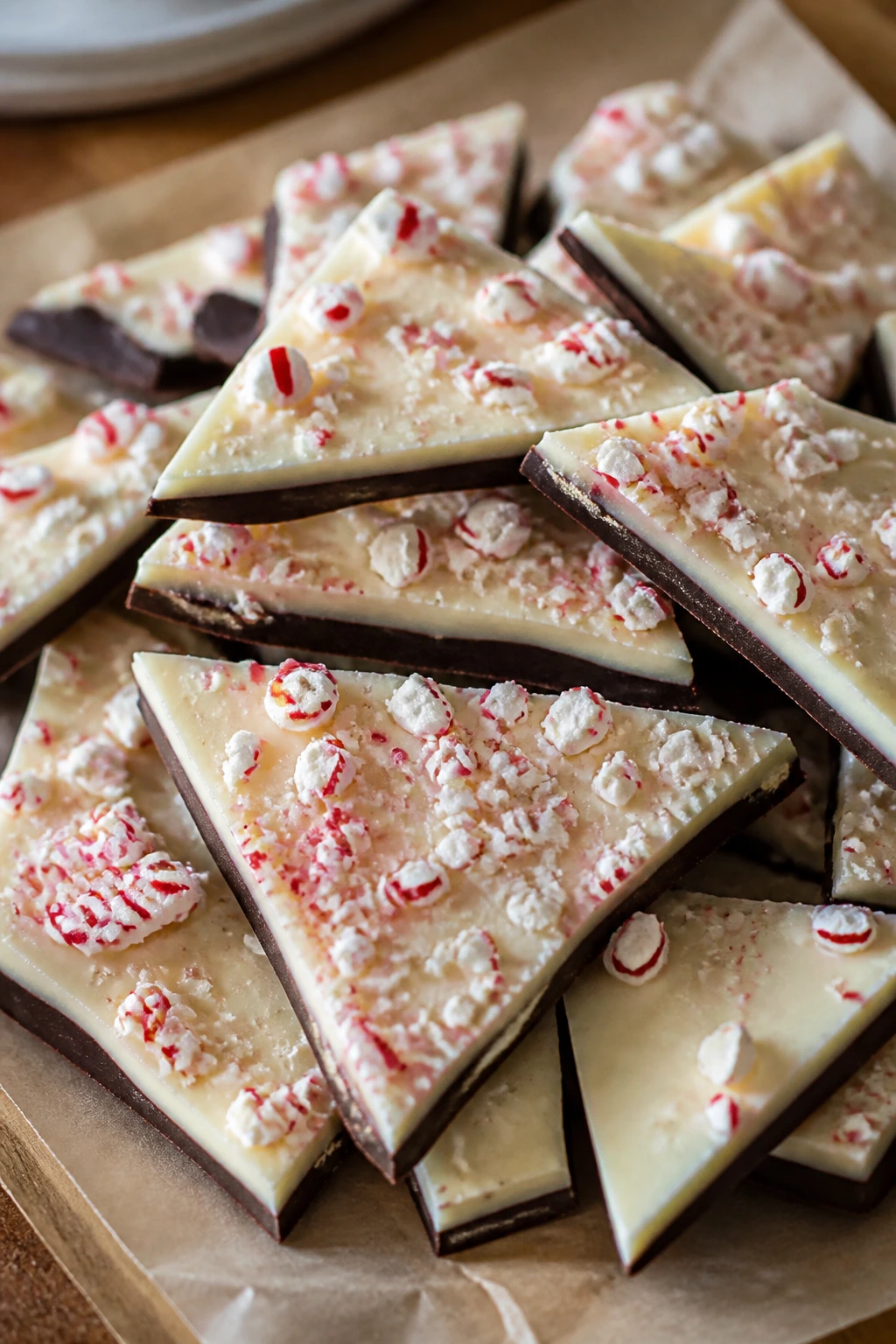 Close-up of peppermint bark slab with dark and white chocolate layers on parchment