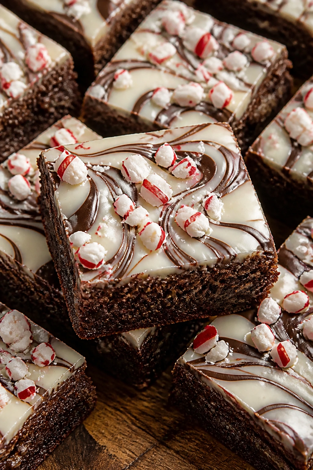 Close-up of peppermint bark brownies with white chocolate and candy canes