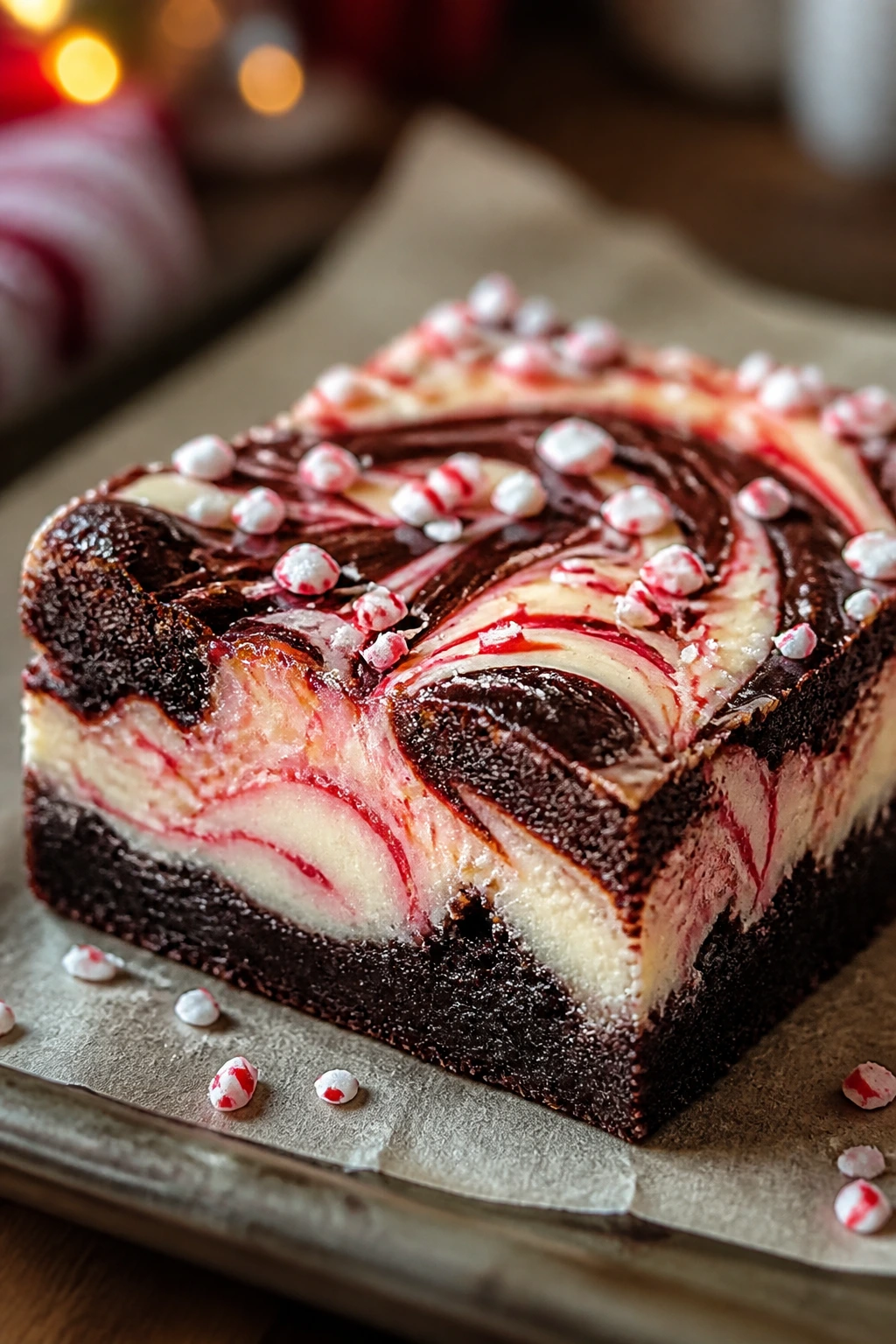 Close-up of peppermint cheesecake swirl brownie with candy cane dust
