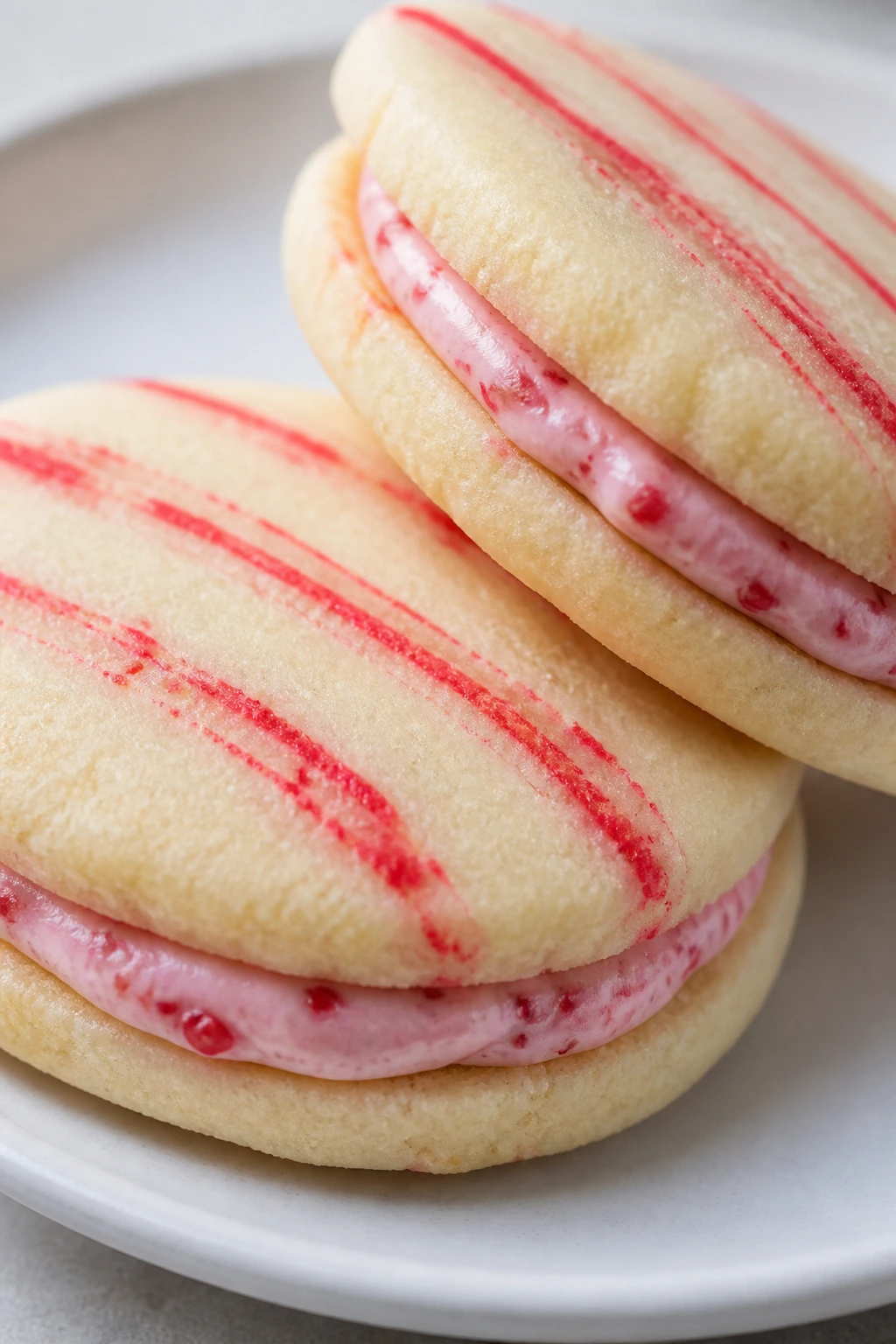 Close-up of peppermint stripe sandwich cookies on plate.