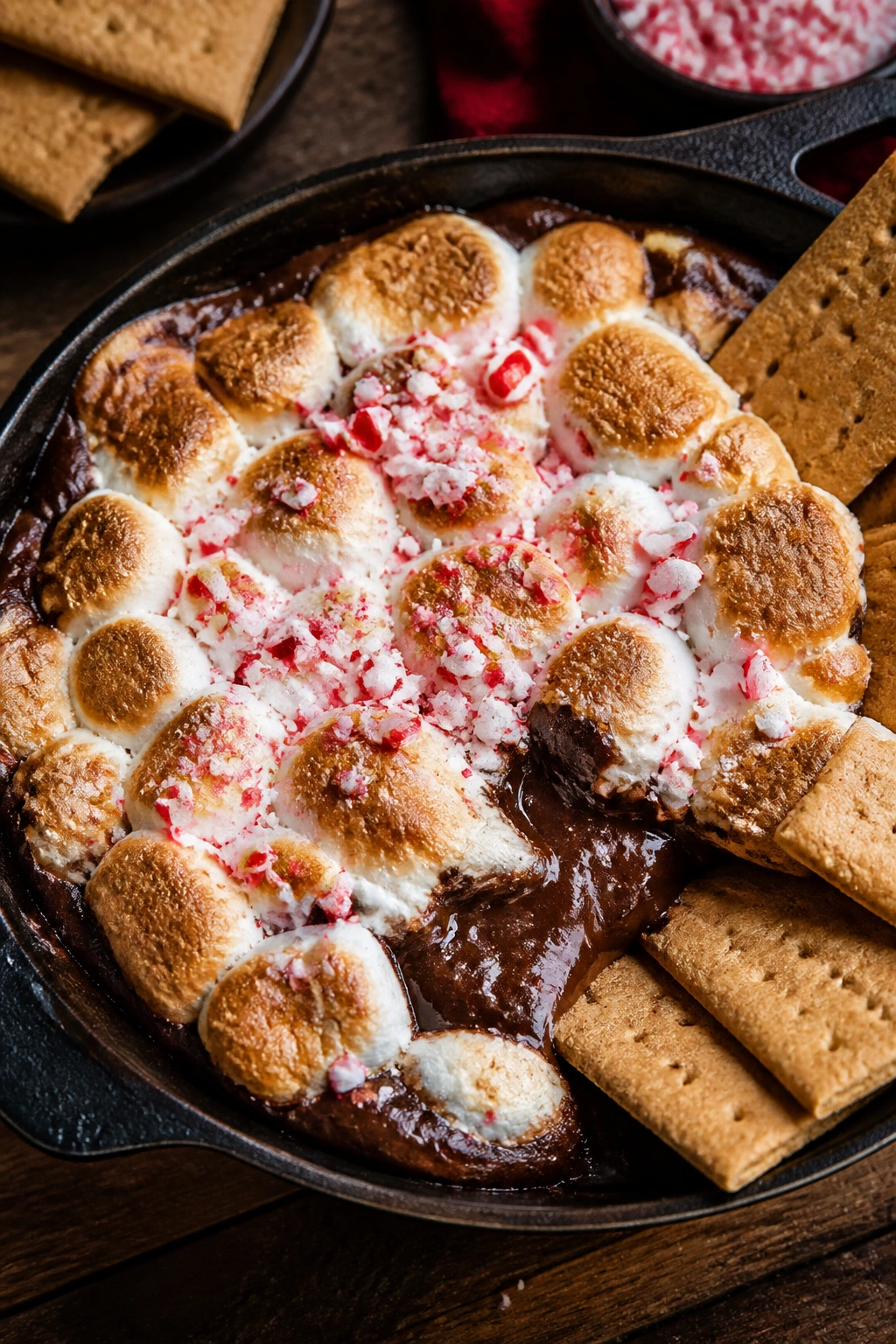Skillet of peppermint smores dip with melted chocolate and toasted marshmallows