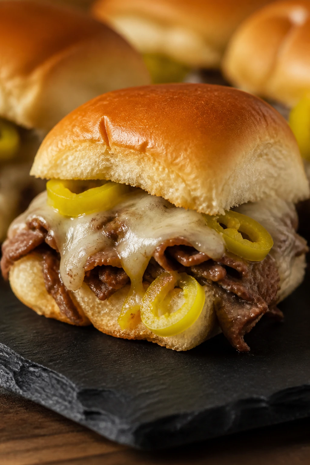 Close-up of Pepperoncini and Provolone Sliders with pepperoncini and melted provolone