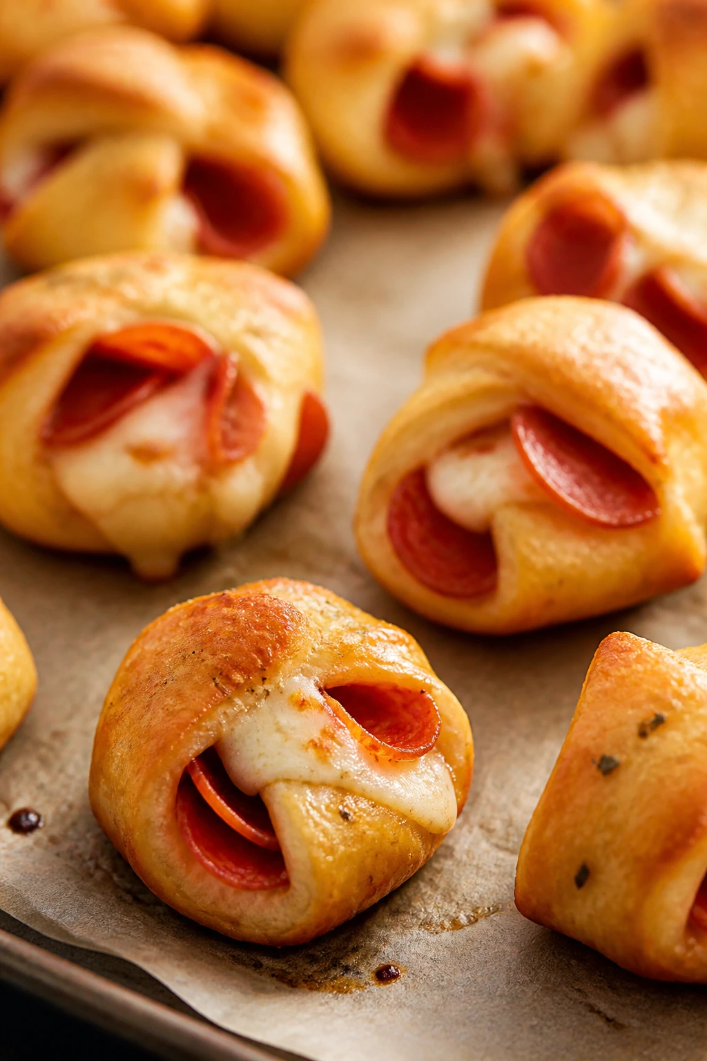 Close-up of pepperoni biscuit bites on a baking sheet, golden and cheesy