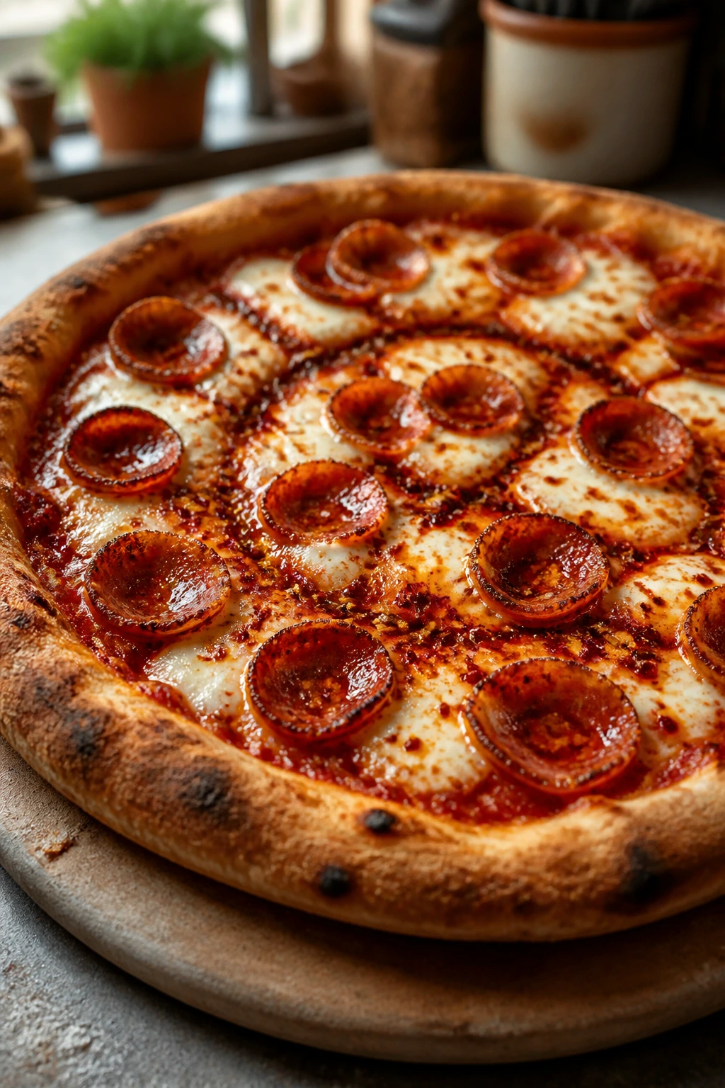 Pepperoni pizza with a chili paste swirl on a wooden board