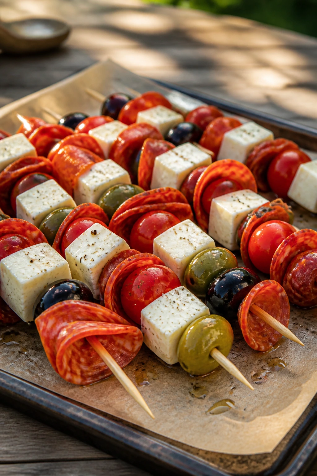 Pepperoni and cheese skewers on a parchment-lined tray outdoors