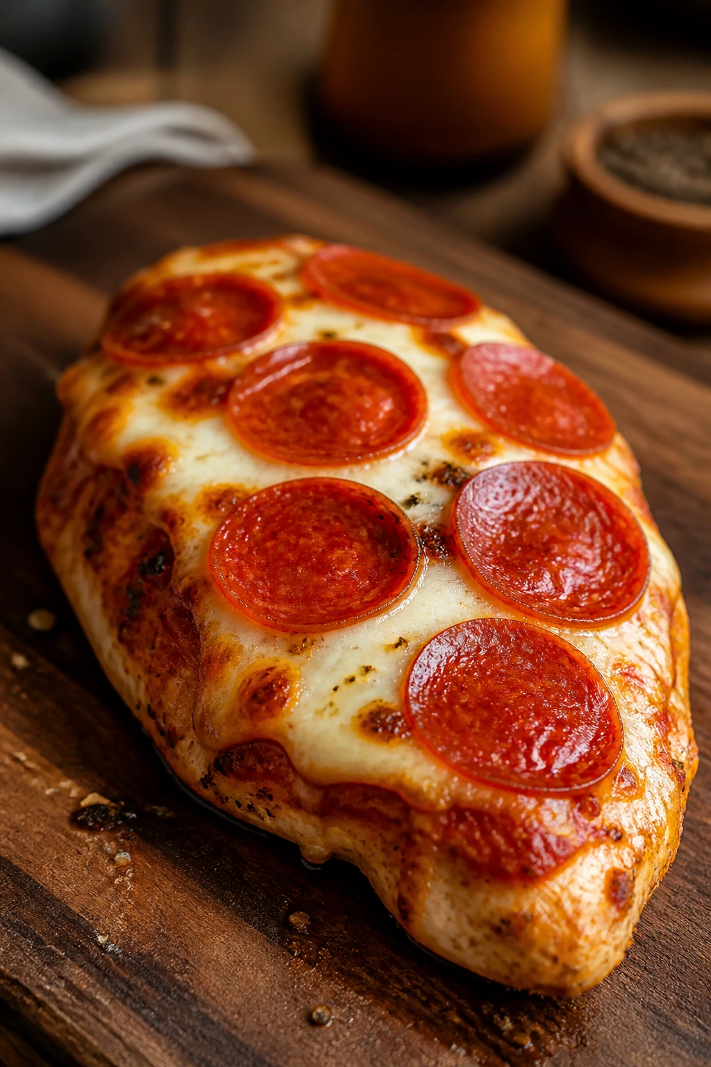 Chicken breast topped with marinara, mozzarella and pepperoni