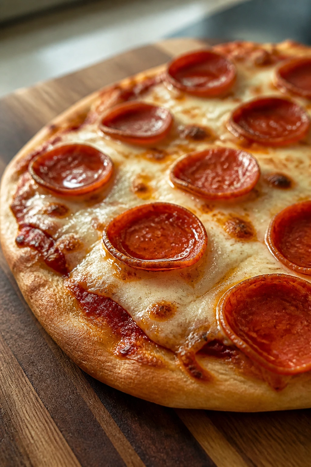 Close-up of pepperoni pizza flatbread on a cutting board.