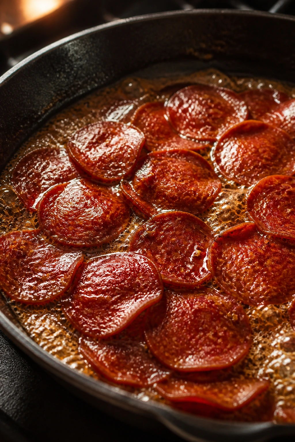 Pepperoni in bubbling glaze with glossy coating