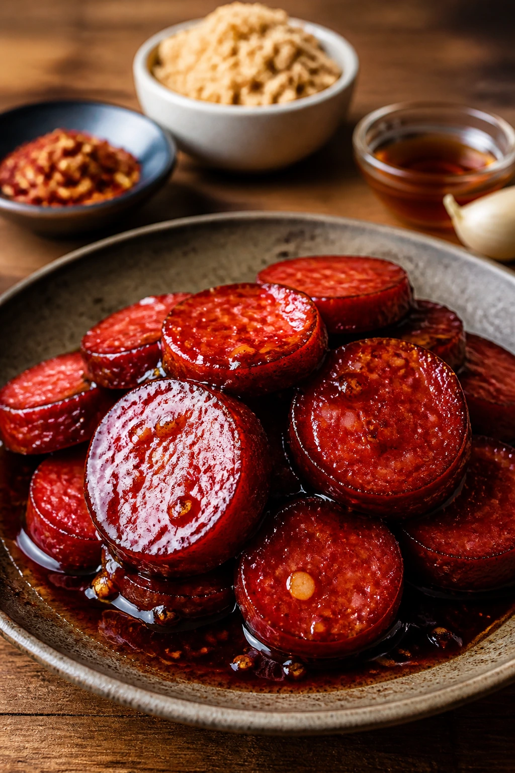 Pepperoni slices with glossy glaze on a countertop