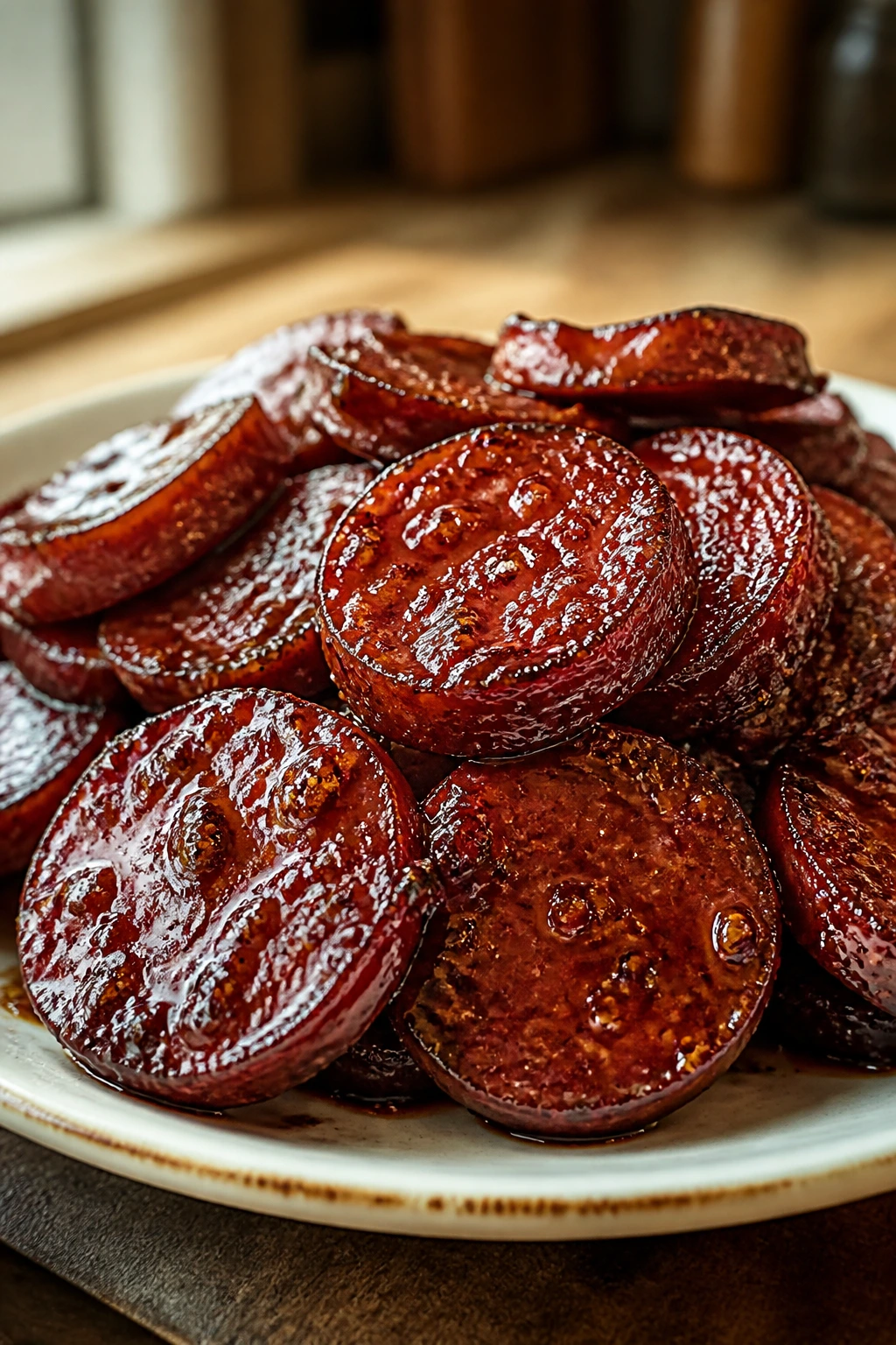 Close-up of pepperoni with brown sugar glaze on a plate