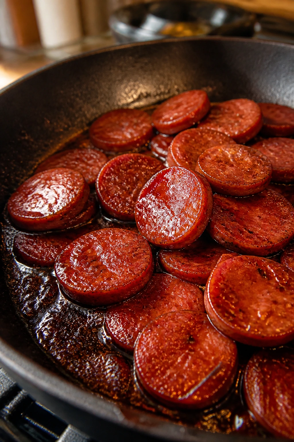 Close-up of glossy glazed pepperoni slices in a skillet filling the frame