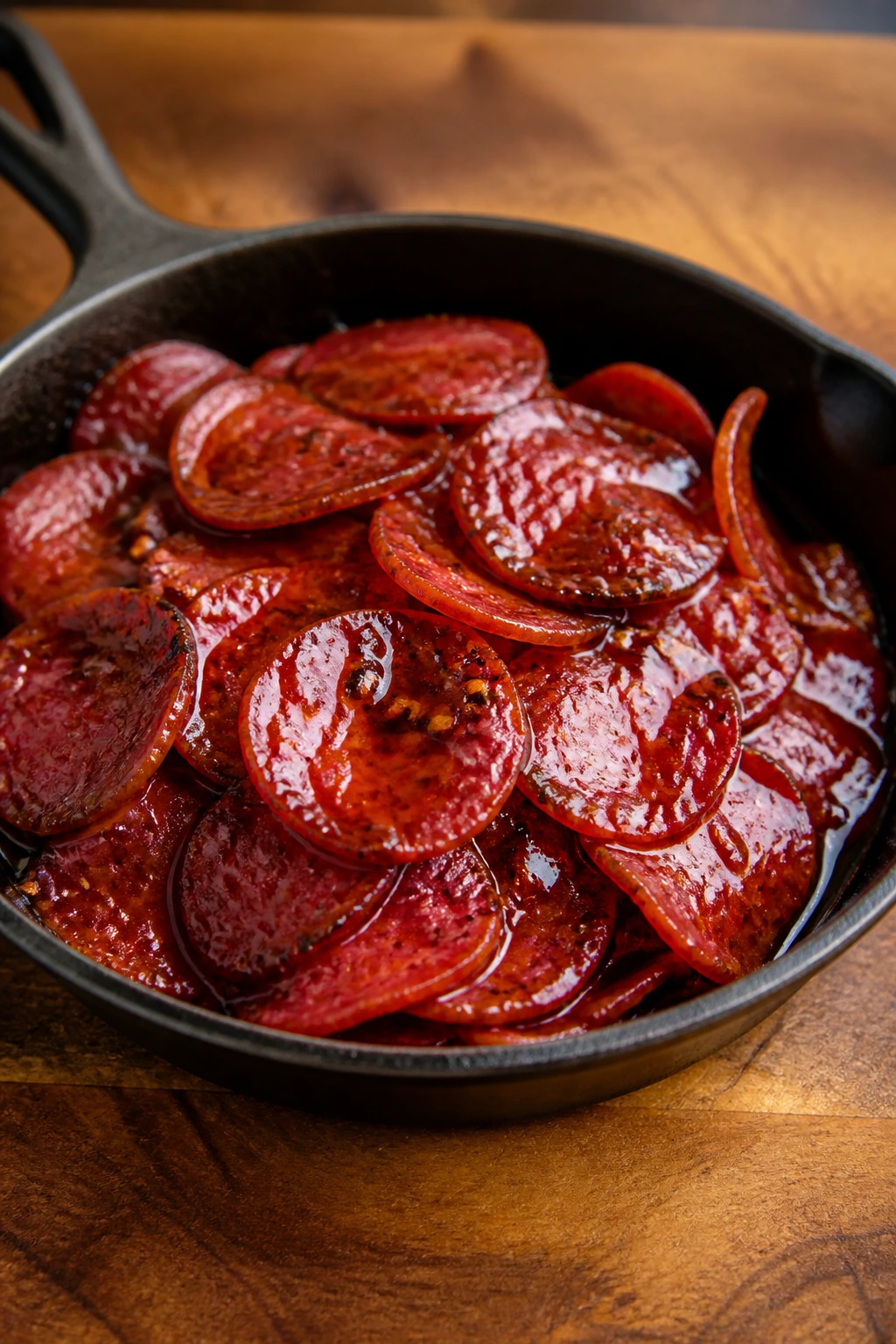 Pepperoni with glossy glaze in a small skillet on a wooden surface