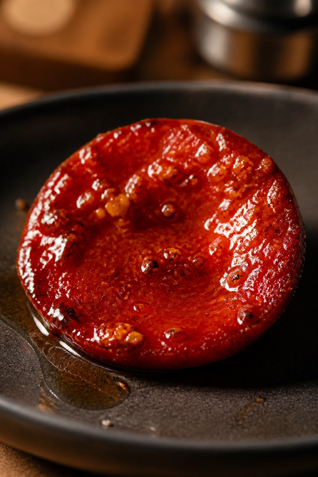 Single glossy pepperoni slice with caramel glaze on a dark plate