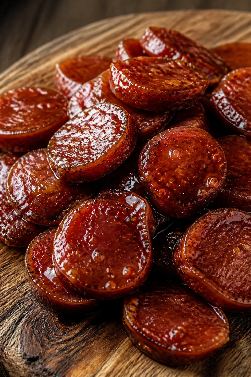 Close-up of glossy glazed pepperoni slices on a rustic tray