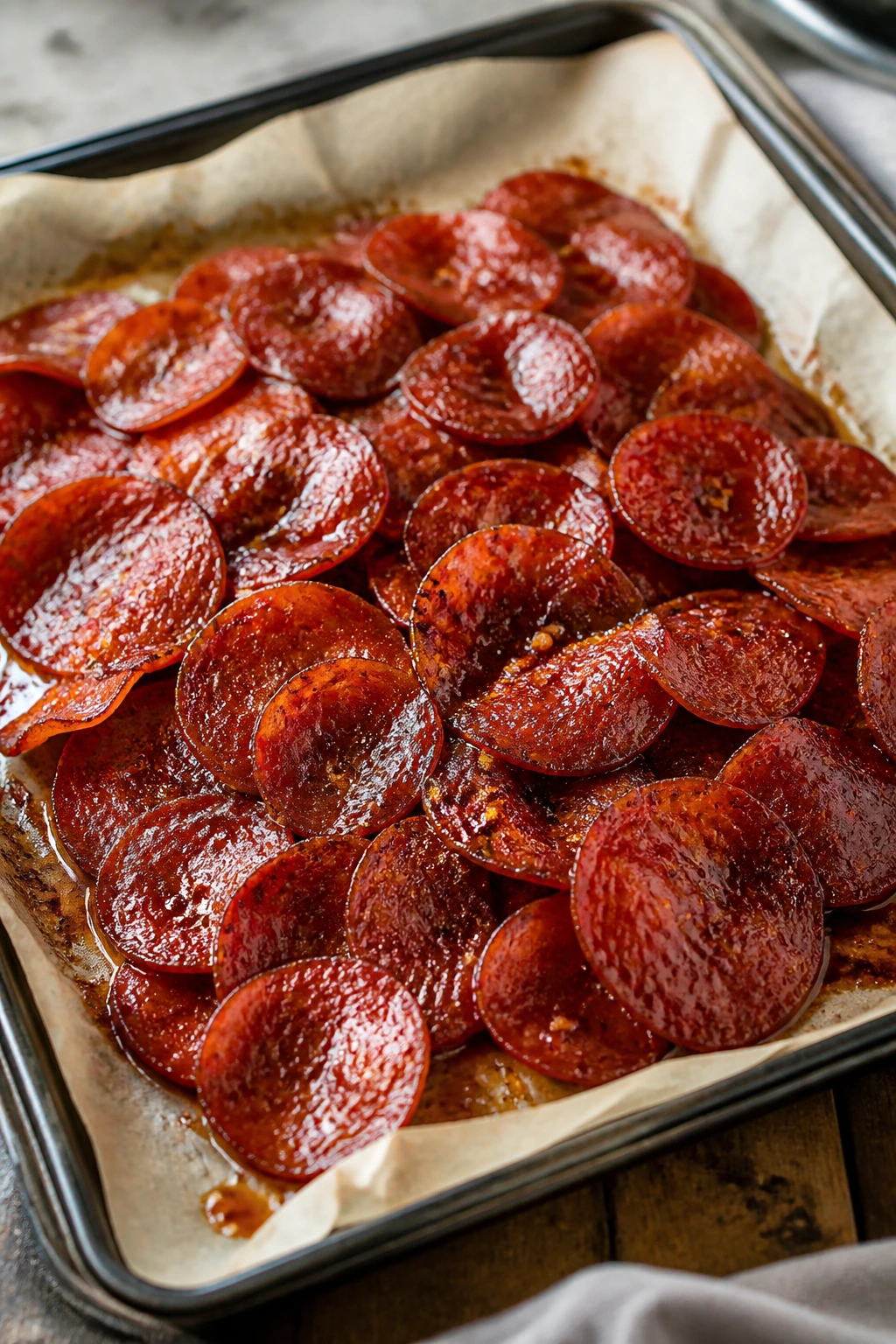 Close-up of glossy pepperoni on a sticky brown sugar glaze tray