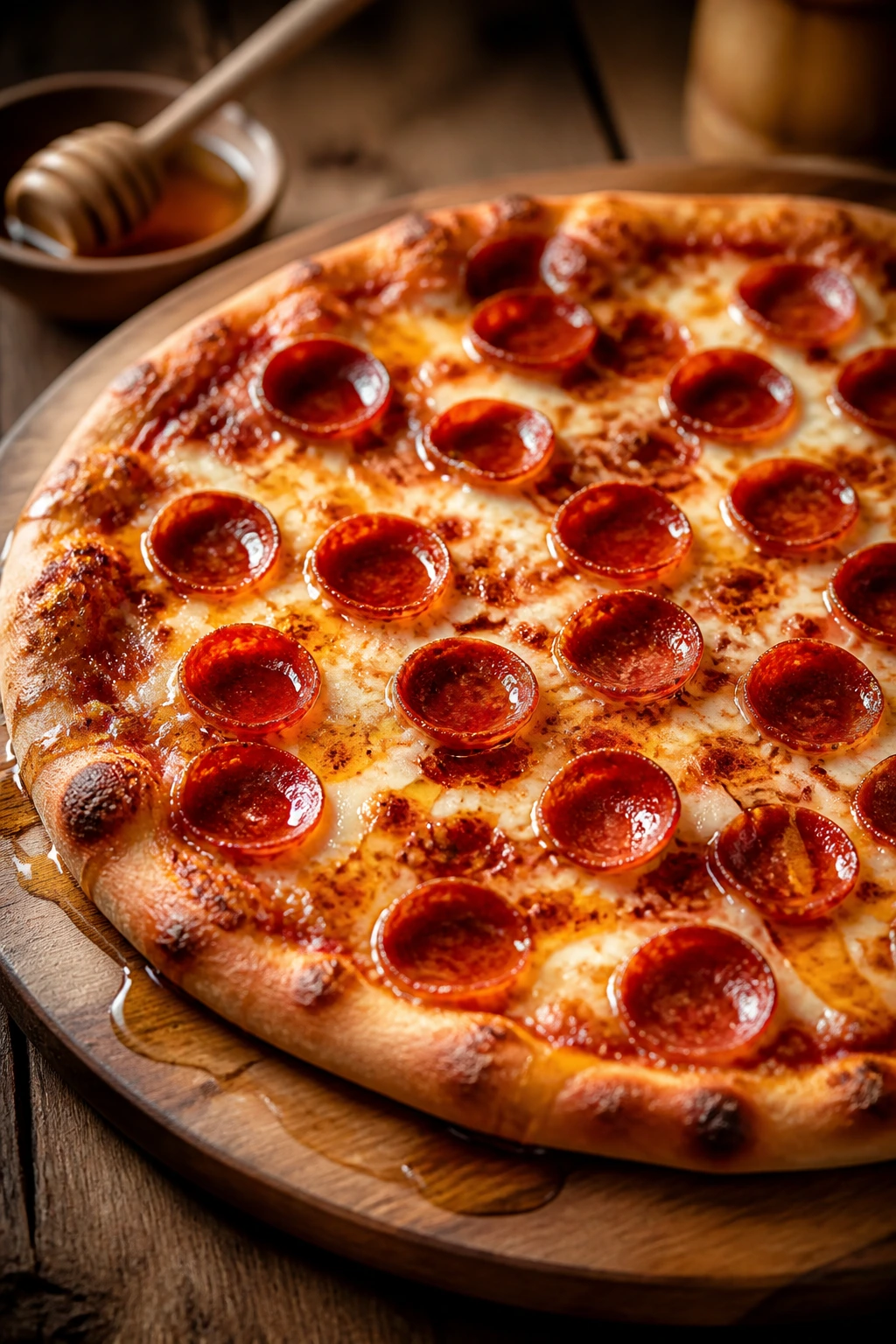 Pepperoni pizza with honey glaze on a wooden board