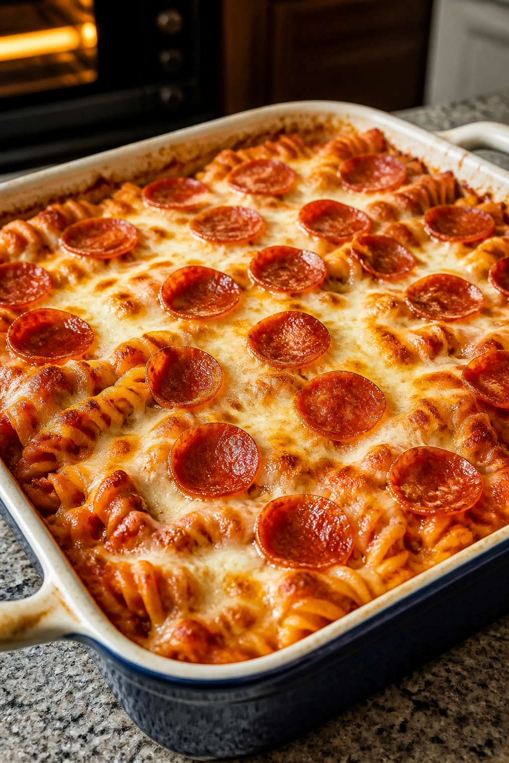 Baking dish of pepperoni pizza pasta bake bubbling with cheese