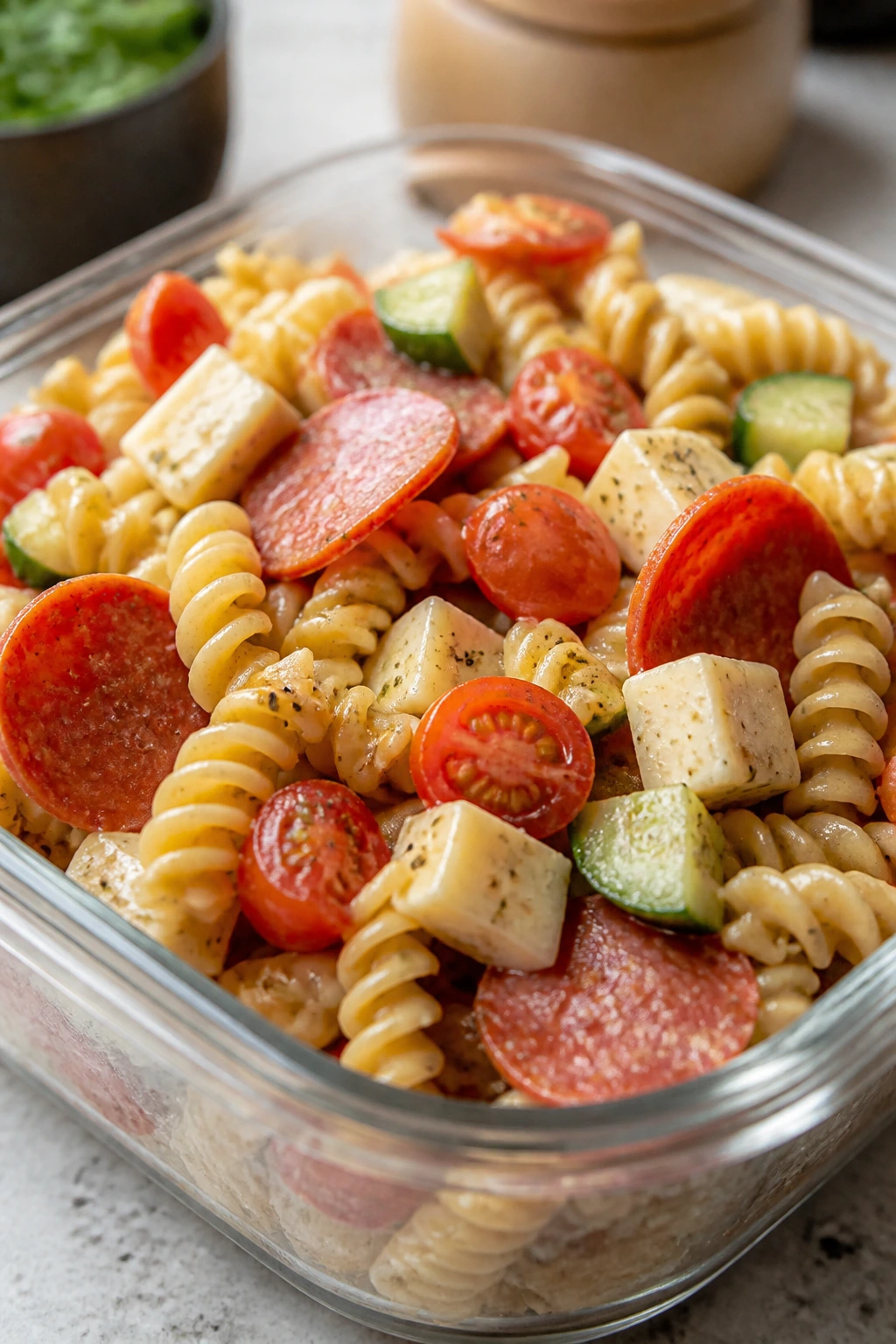 Cold pepperoni pasta salad with mozzarella, tomatoes and cucumbers in a clear container