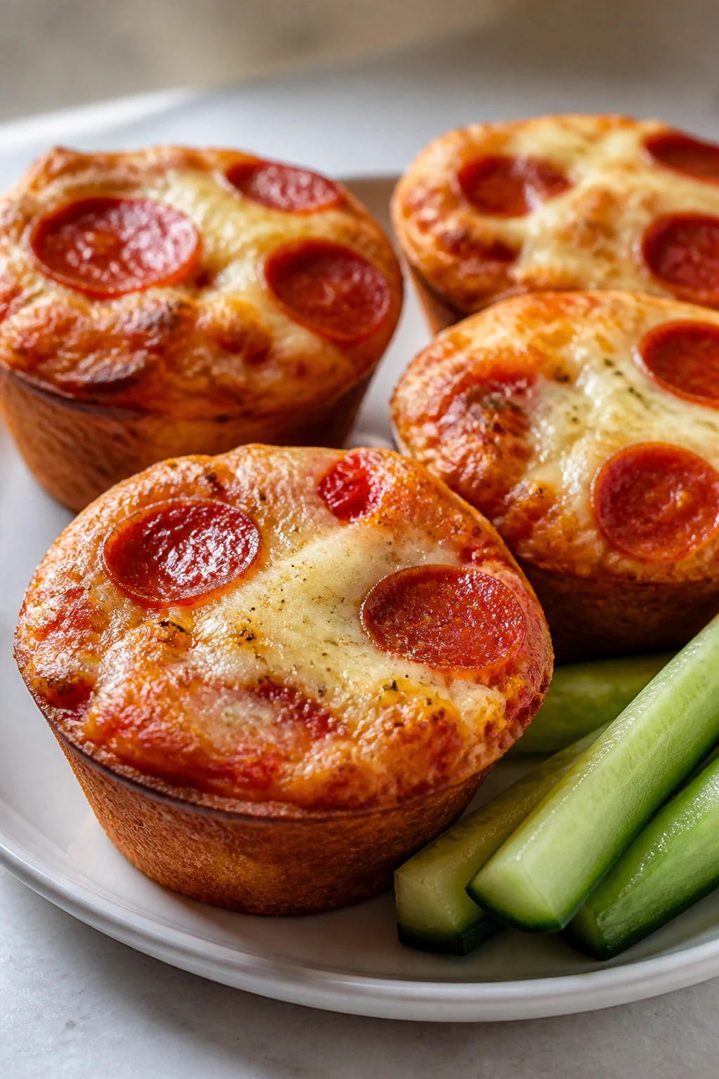 Pepperoni pizza muffins with melted cheese on plate
