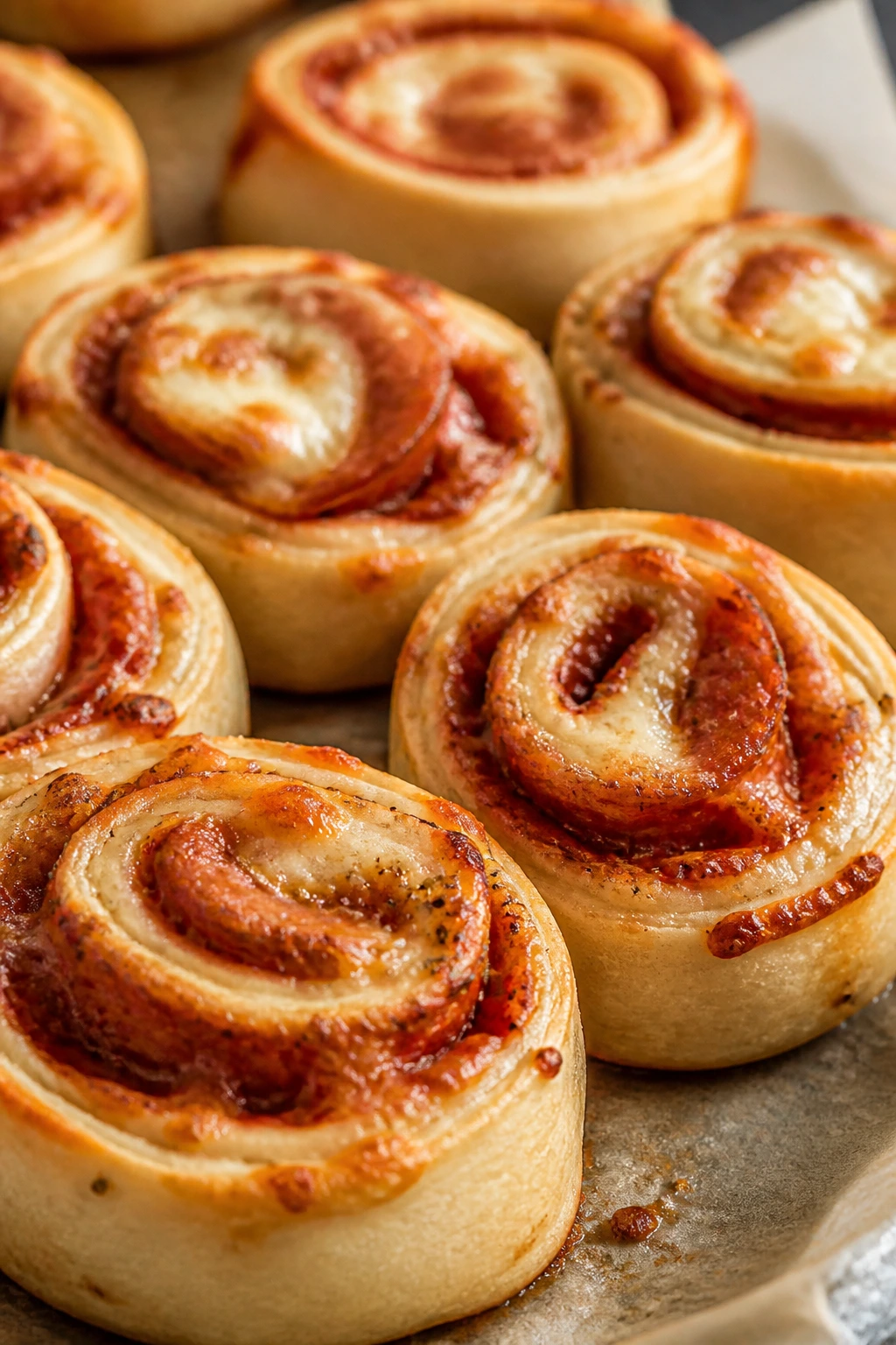 Close-up of pepperoni pizza pinwheels on parchment