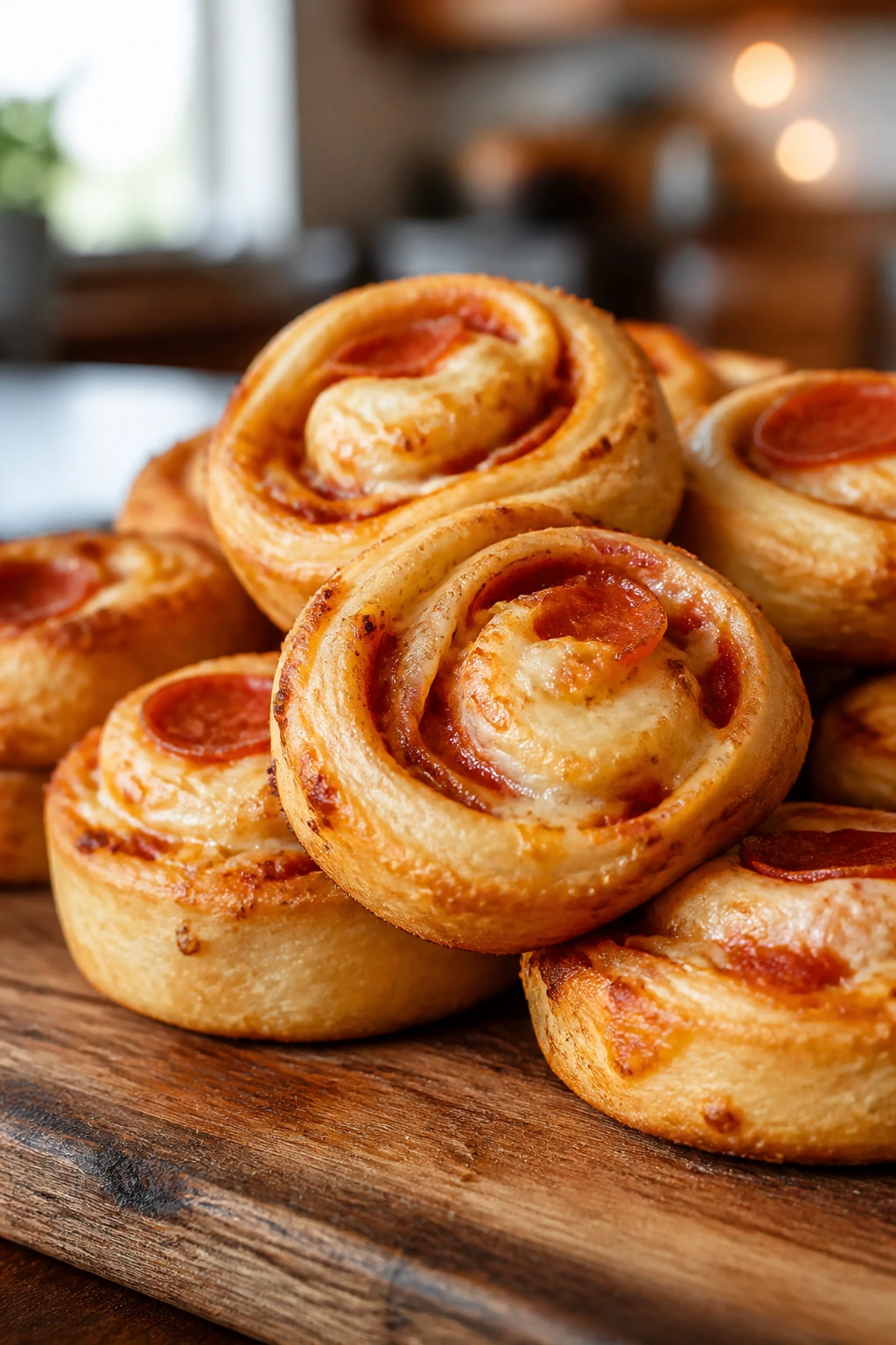 Close-up of pepperoni pizza rolls on a wooden board under warm kitchen light