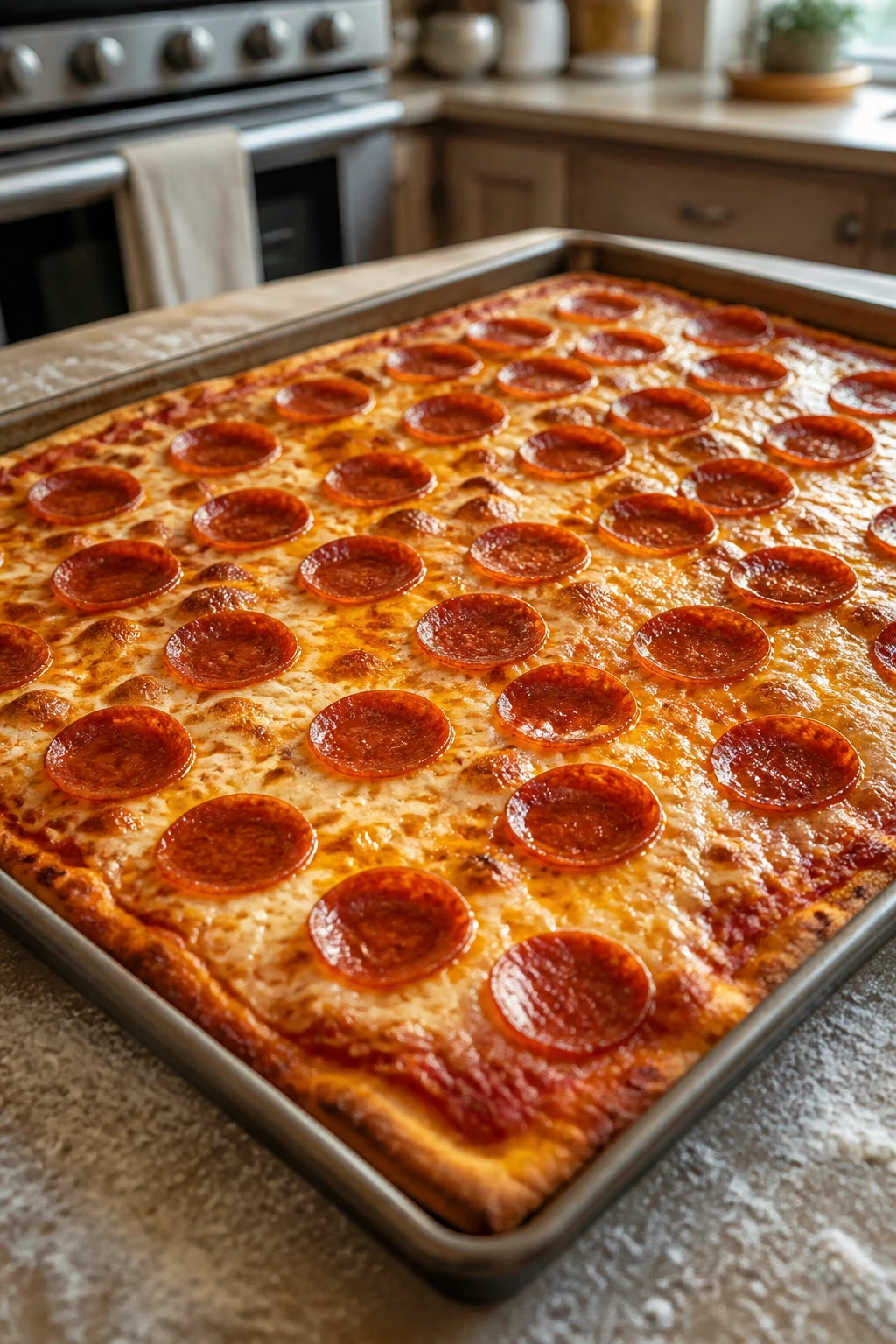 Pepperoni pizza sheet-pan with bubbling cheese in a home kitchen