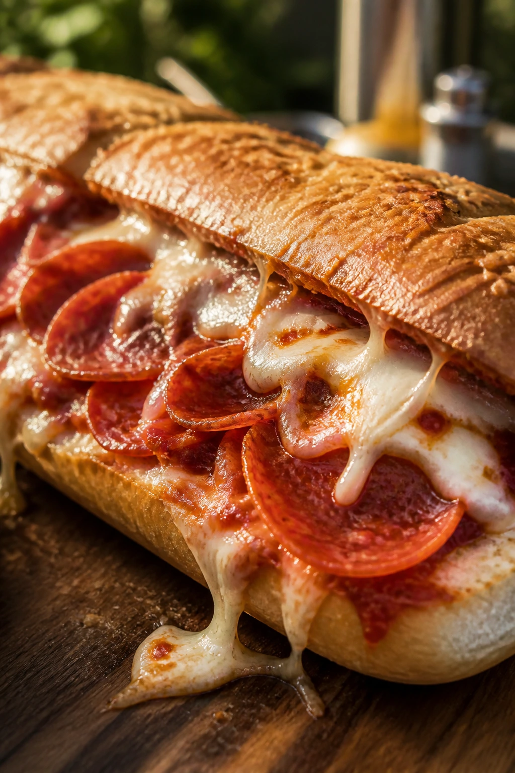 Close-up of pepperoni pizza sub with sauce and cheese on a toasted roll outdoors.