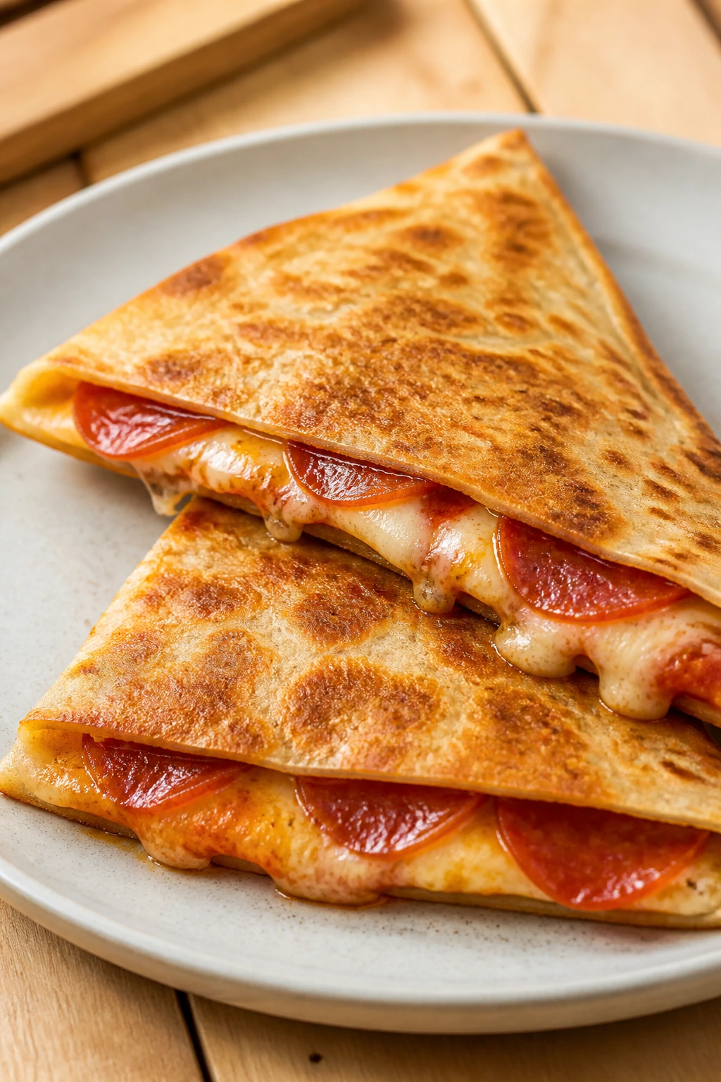 Quesadilla pockets cut into wedges showing gooey cheese