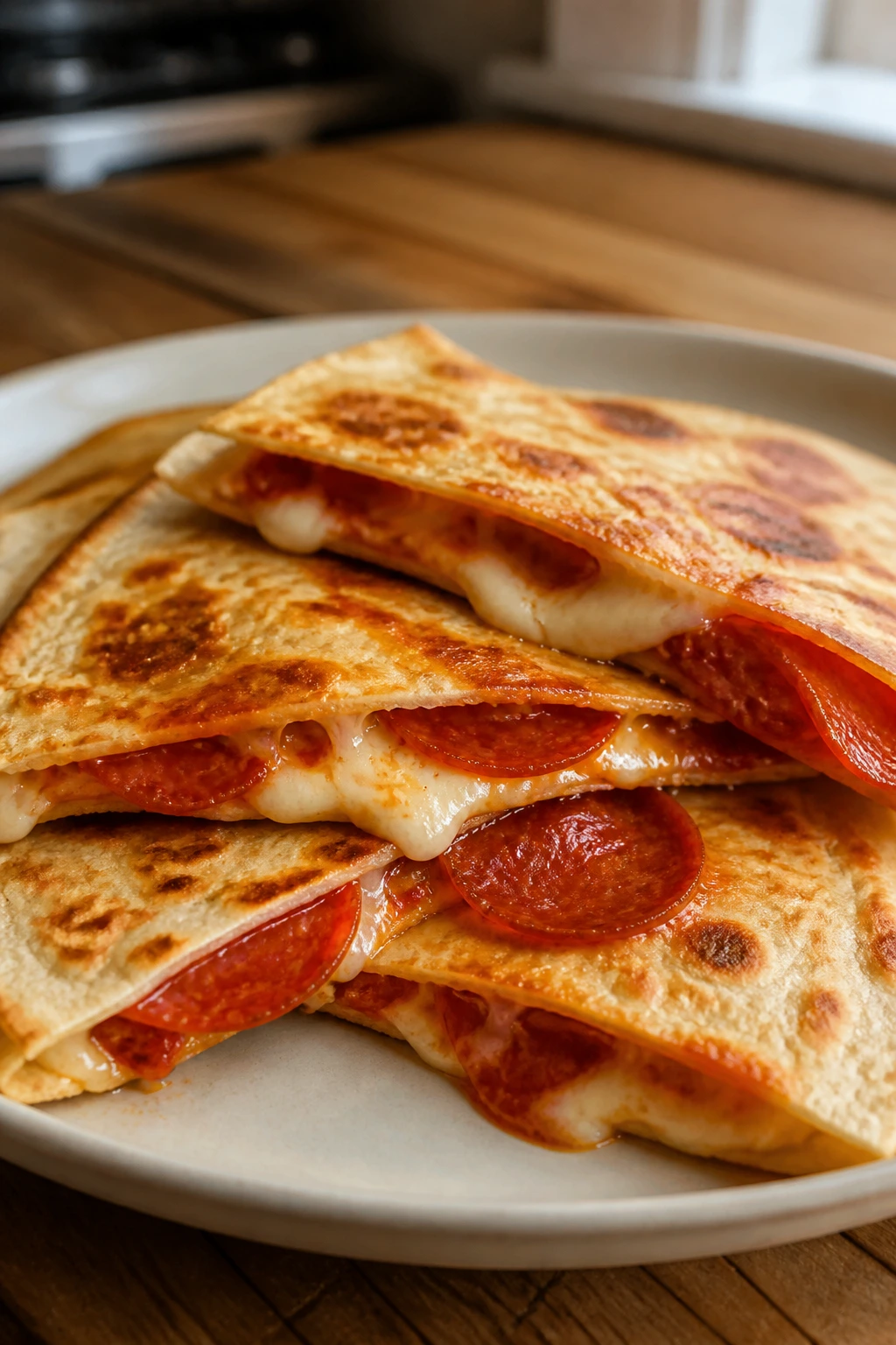 Close-up of pepperoni pizza quesadillas on a plate