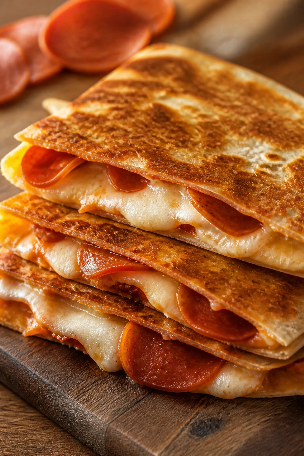 Close-up of pepperoni pizza quesadillas on a wooden board with melted cheese.