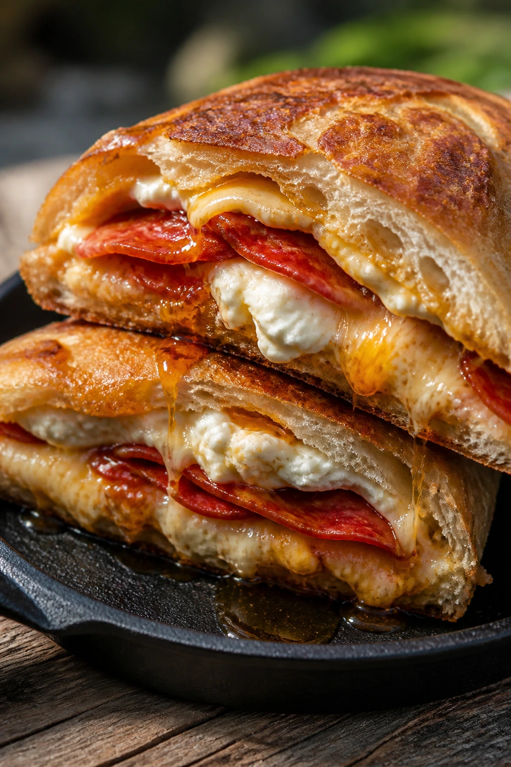 Close-up of pepperoni, ricotta, and mozzarella melt on ciabatta with hot honey