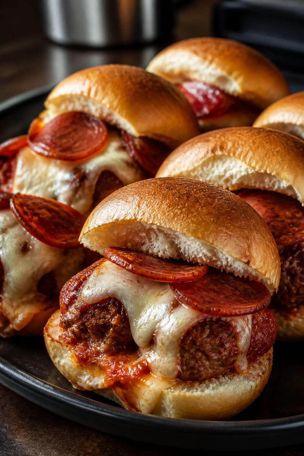 Pepperoni pizza meatball sliders with crispy pepperoni and melted cheese