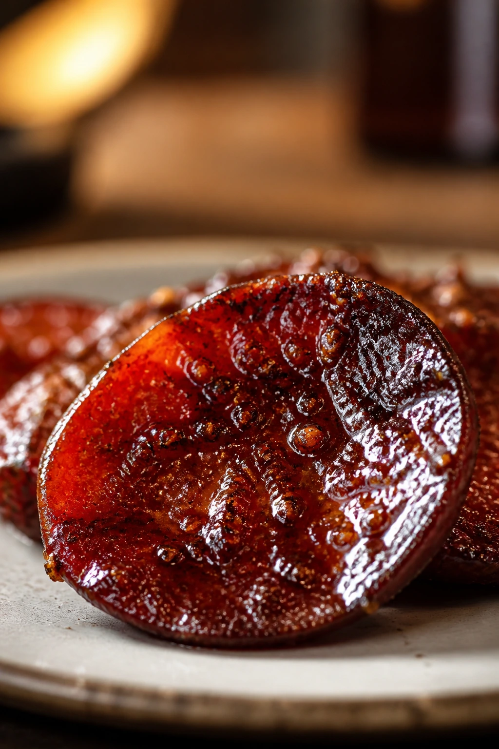 Glossier pepperoni with a darker smoky glaze on a plate