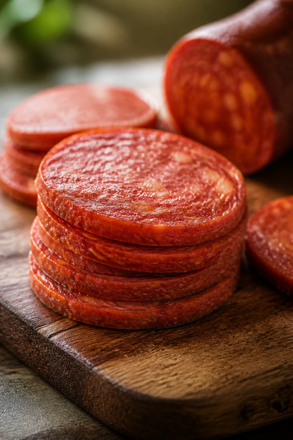 Thick-cut pepperoni slices on a cutting board
