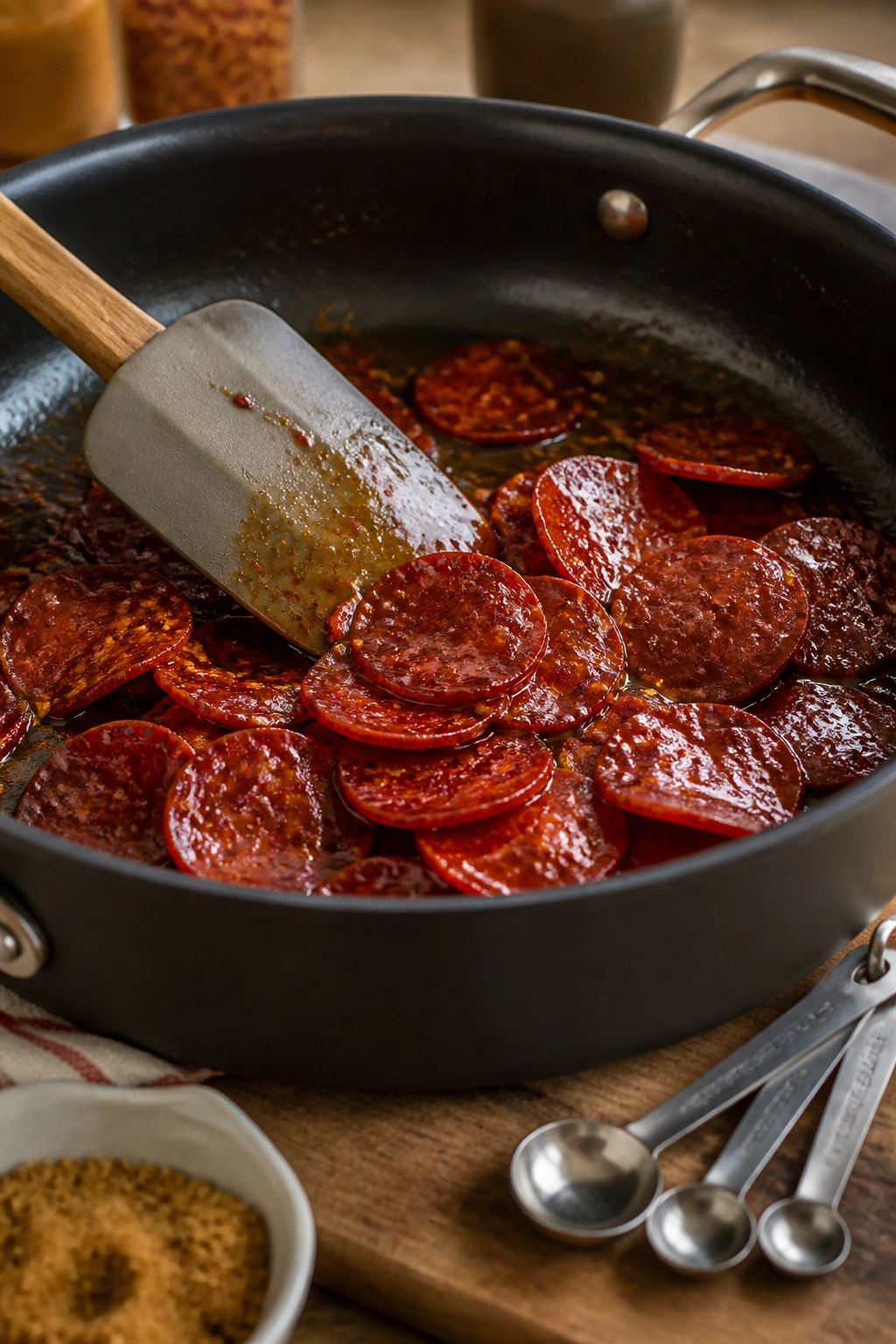 Pepperoni in pan with spatula and measuring spoons nearby