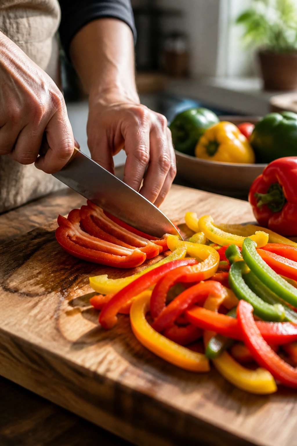 Close-up of hands slicing colorful peppers on a wooden cutting board in a sunlit kitchen