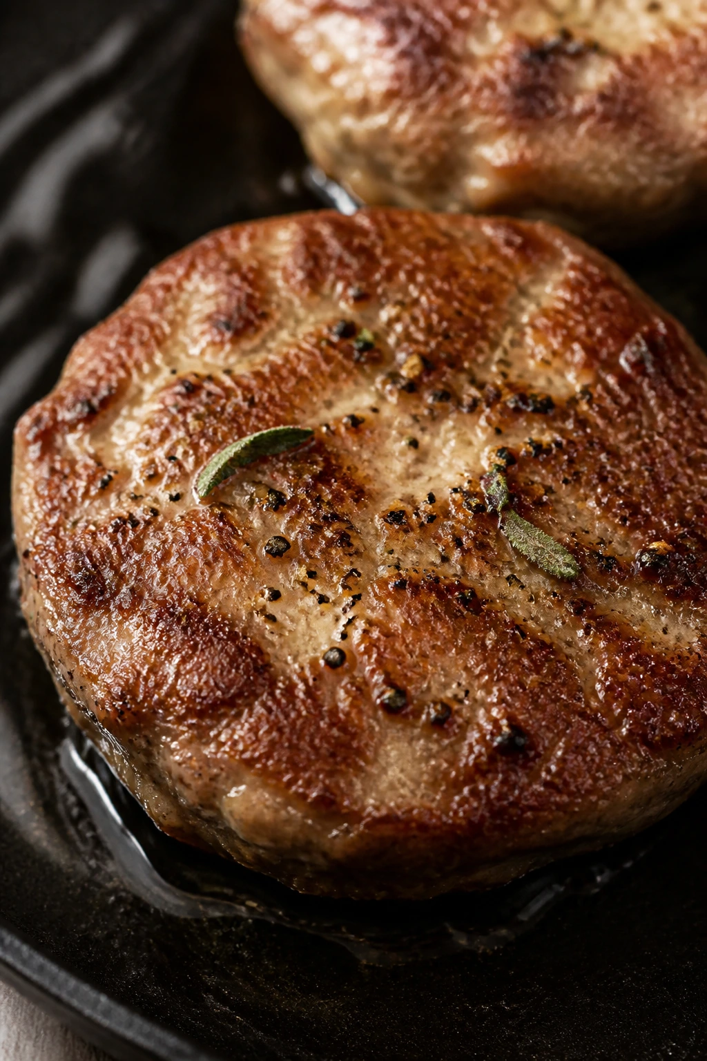 Sausage patty with pepper and sage in a skillet