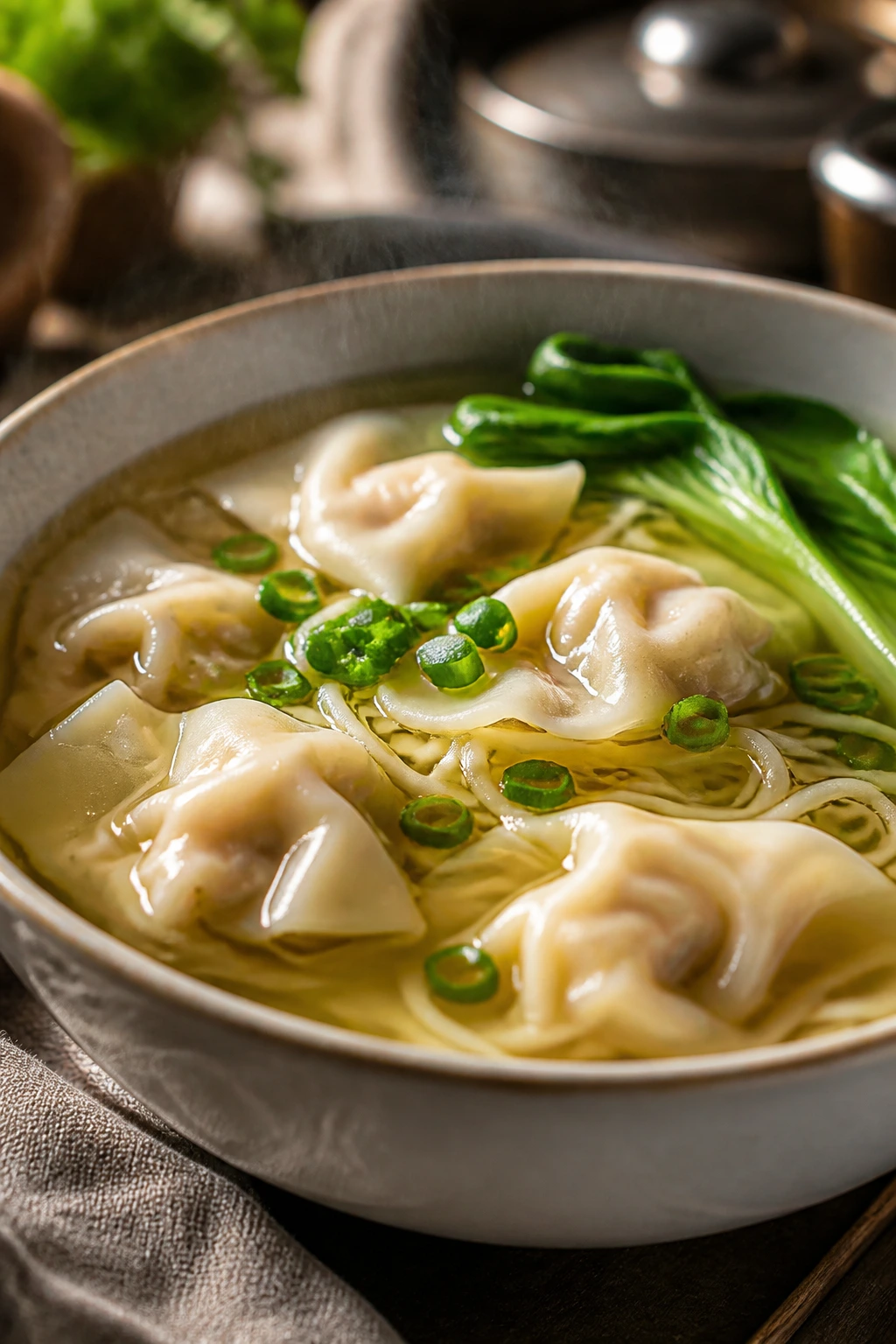 Wonton noodle soup with neatly sealed wontons and bright clear broth