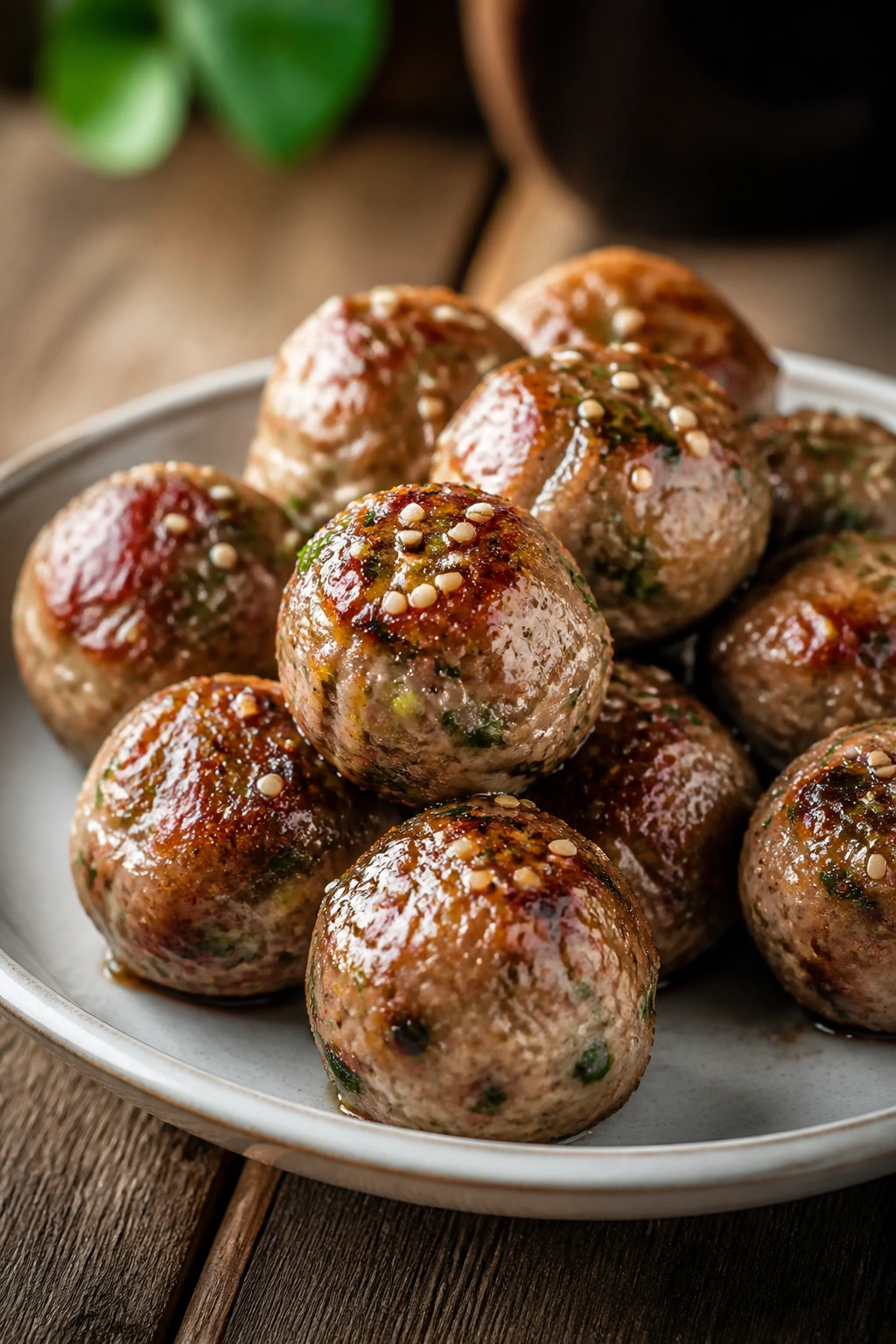 Close-up of perilla-flecked pork meatballs on a plate in a warm kitchen